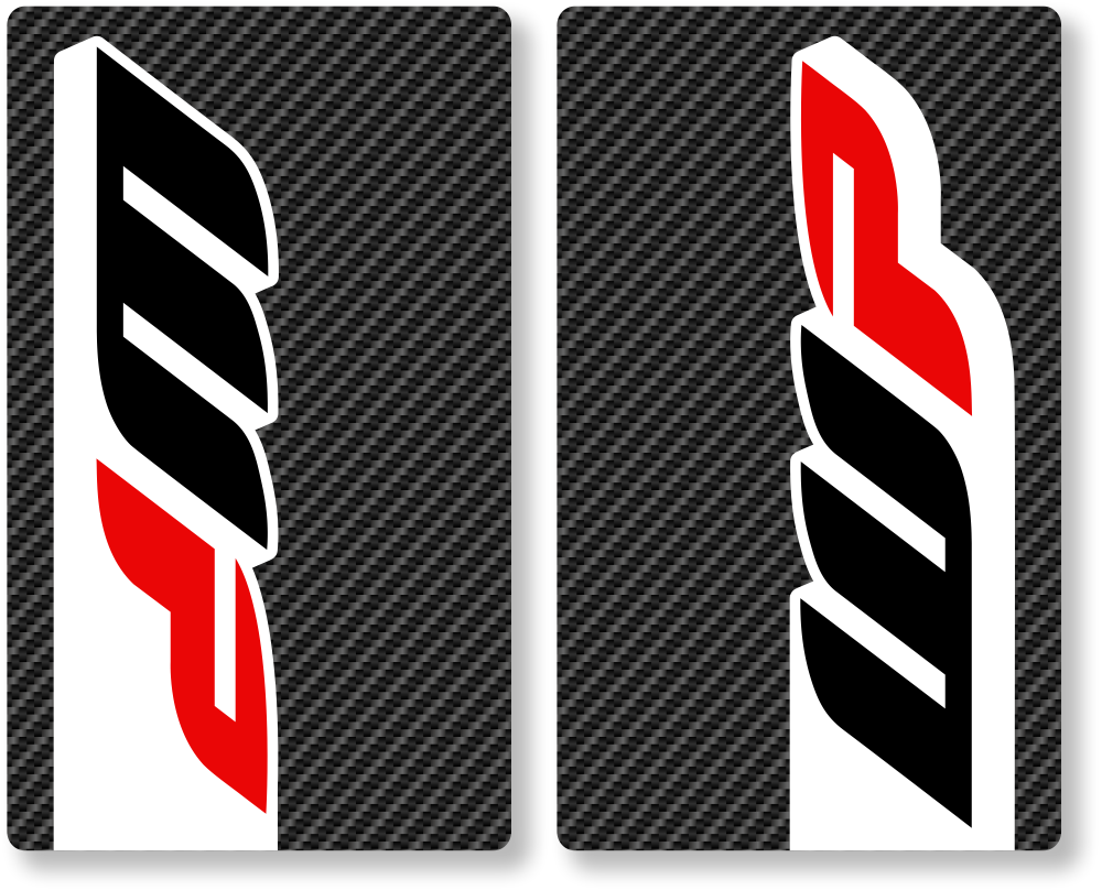 Two motorcycle fork protectors with a brand logo on a carbon fiber pattern background