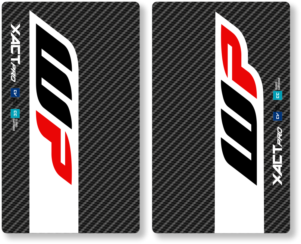 Two carbon fiber-patterned decal sheets with XACT Pro branding on a white background.