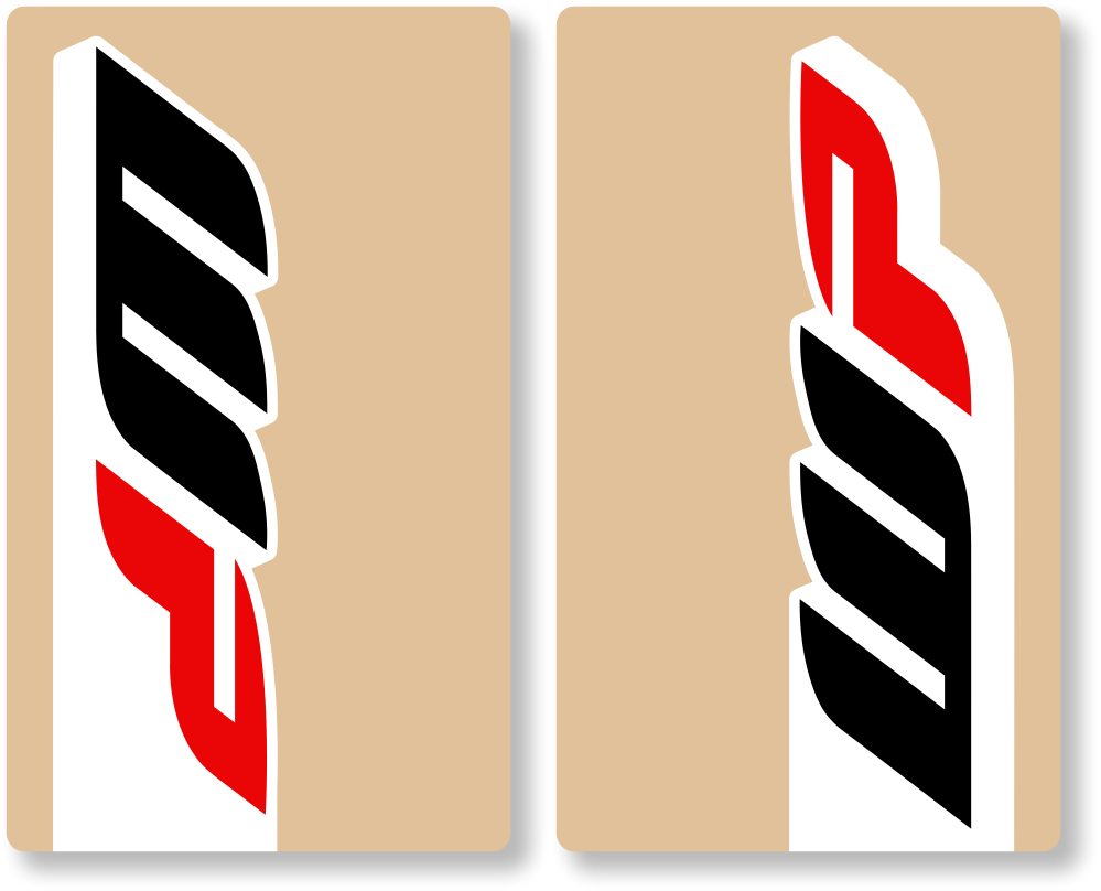 Two dirt bike decals with a stylized letter WP design on beige background