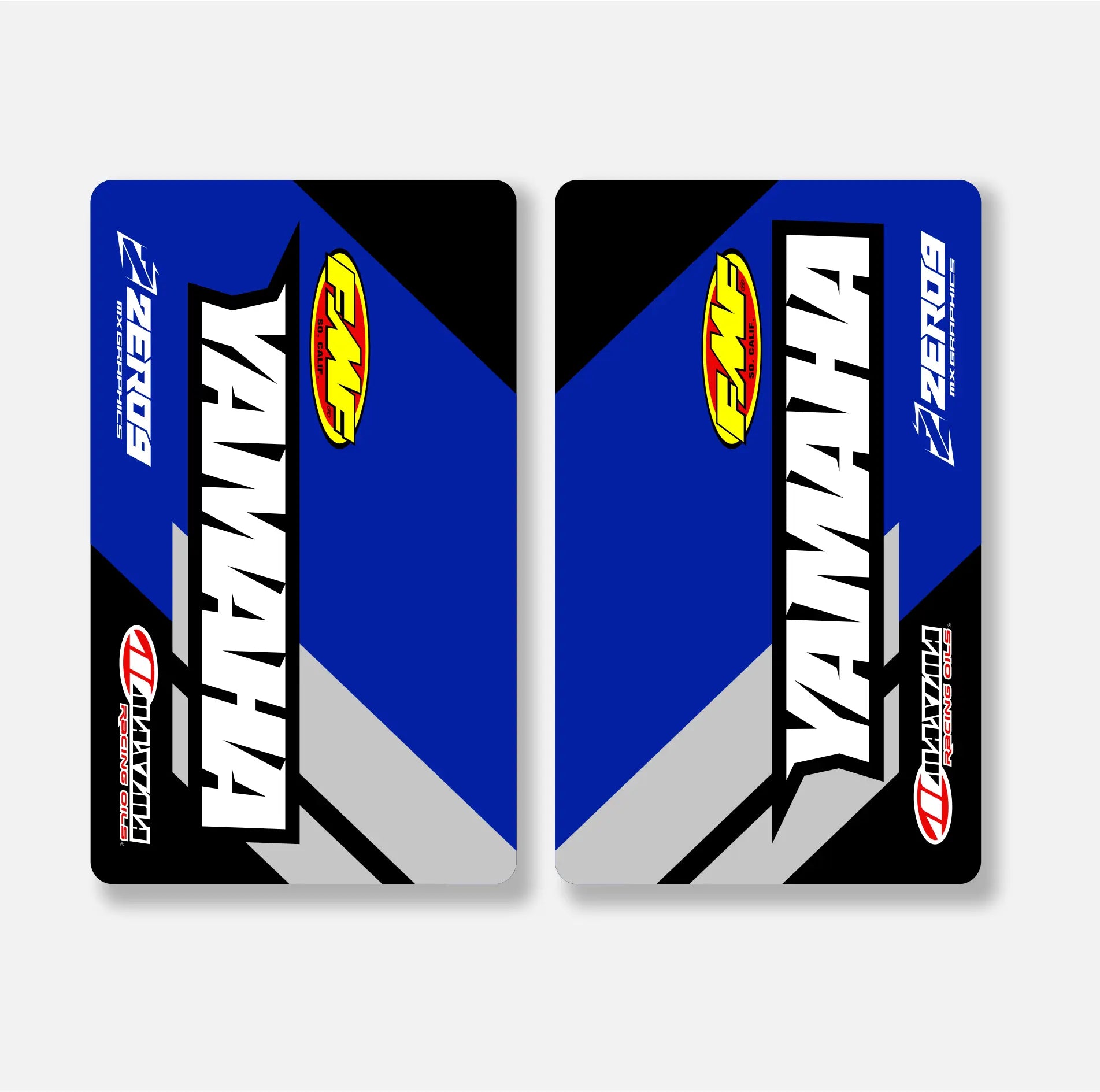 Two Yamaha branded fork decals with blue, black, and white design on a light gray background.