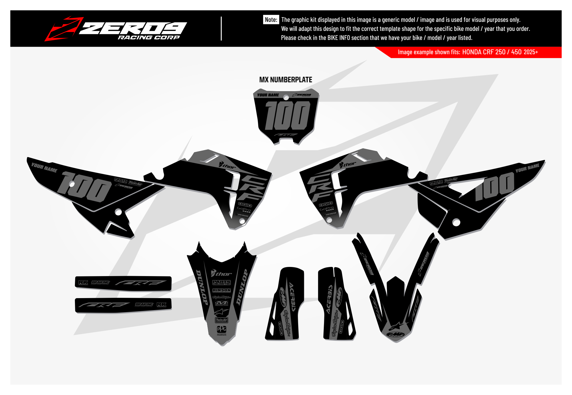Honda Graphics Kit - BLOK | Black/Grey