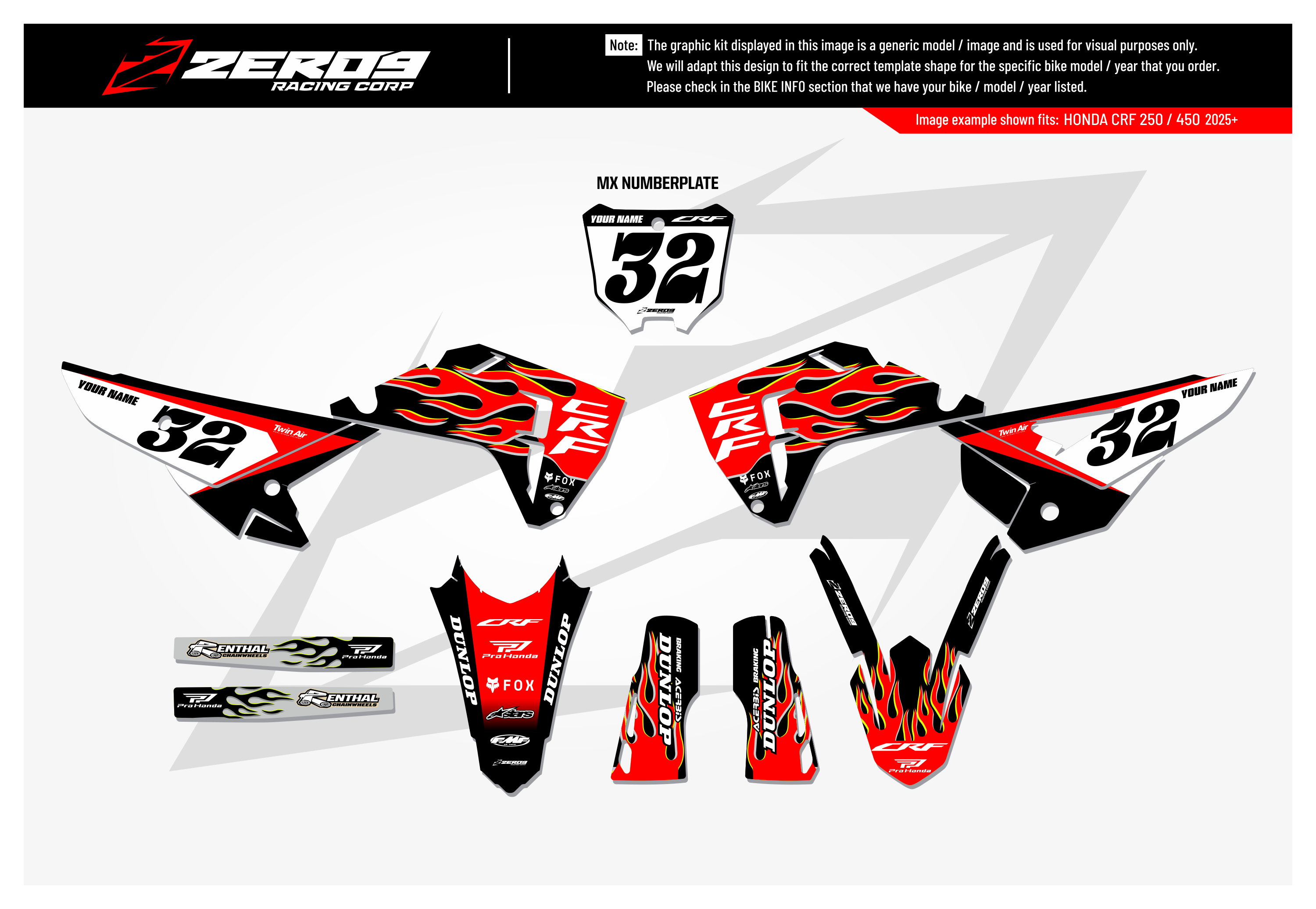 Honda Graphics Kit - FLAME | Black/Red