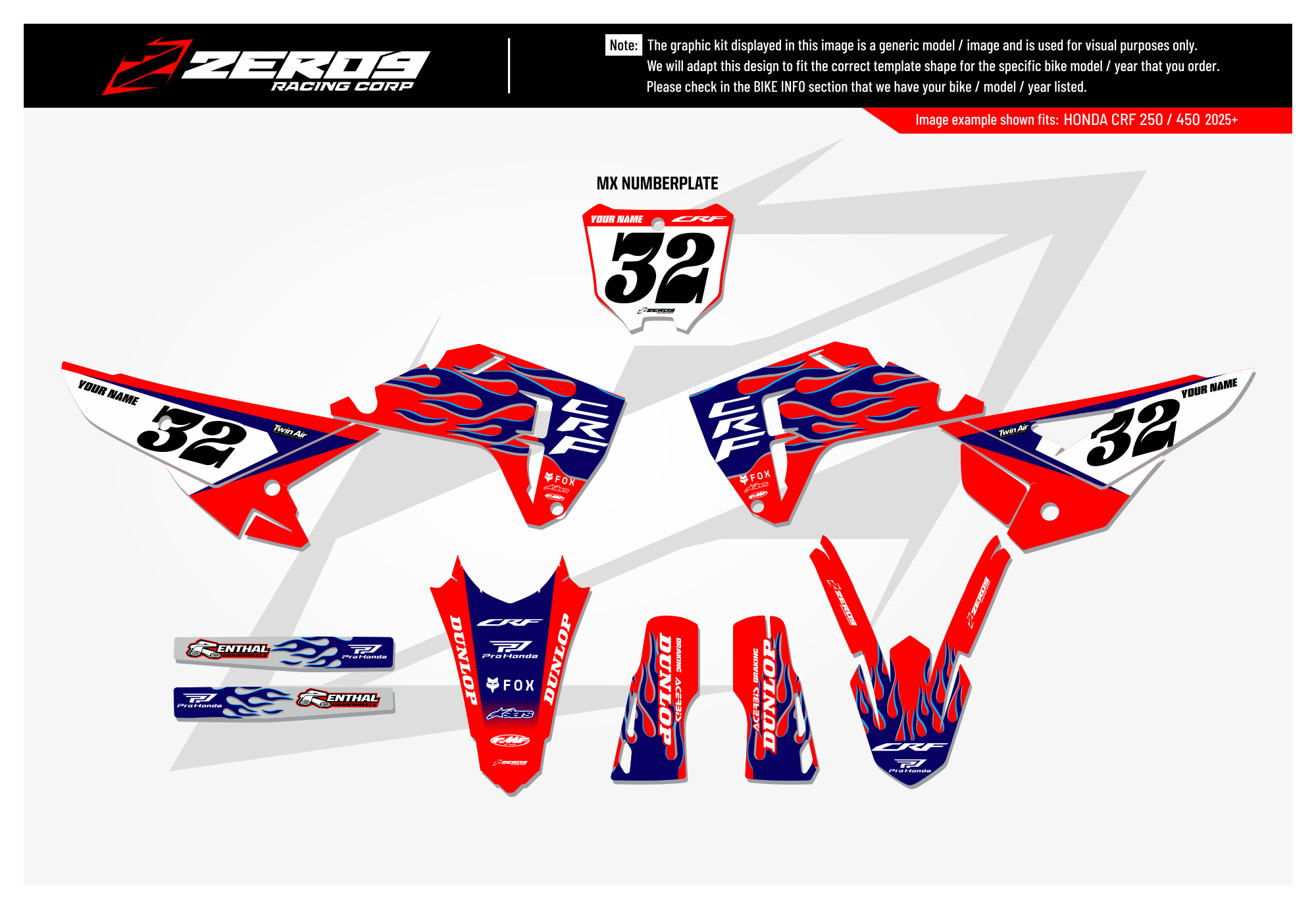 Honda Graphics Kit - FLAME | Red/Blue