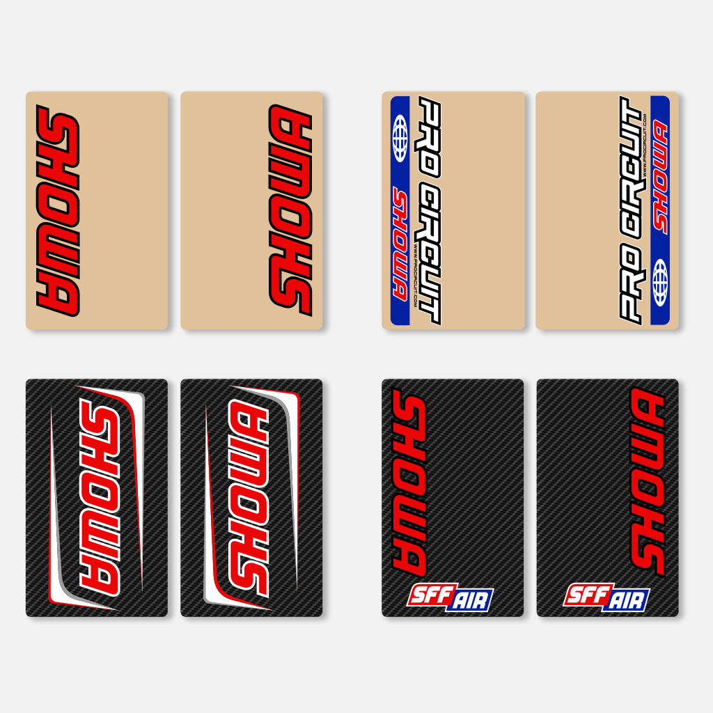 SHOWA fork decals printed on clear vinyl and carbon fibre effect with SHOWA suspension logos.