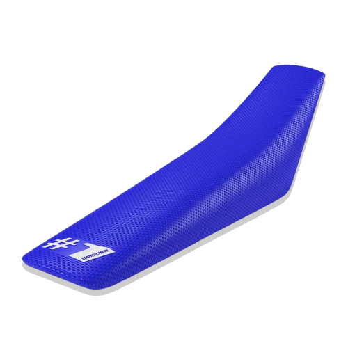 Blue motorcycle seat cover with a brand logo on a white background