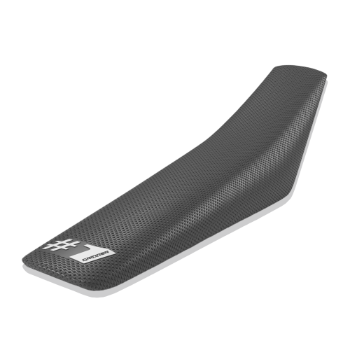 Black motorcycle seat with a brand logo on a white background