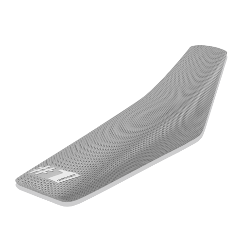 Gray motorcycle seat cover with a brand logo on a white background