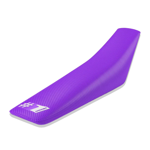 Purple motorcycle seat cover with a brand logo on a white background