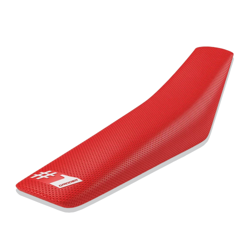 Red motorcycle seat cover with a brand logo on a white background