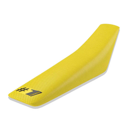 Yellow motorcycle seat with a brand logo on a white background