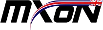 MXON logo with a British flag design on a black background.
