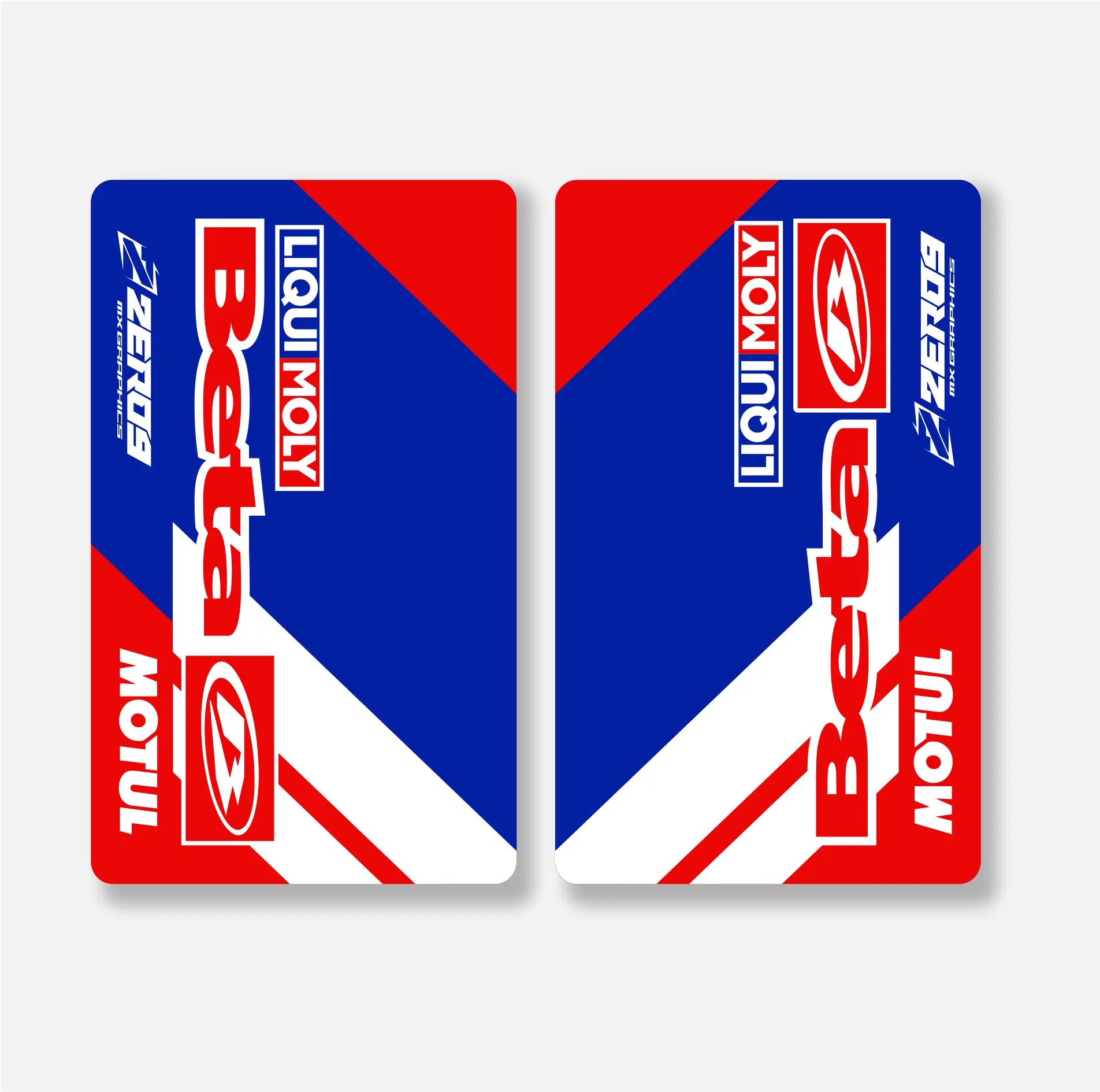 Two motorcycle fork decals with Beta, Motul, and Zero9 logos on a blue, red, and white background.