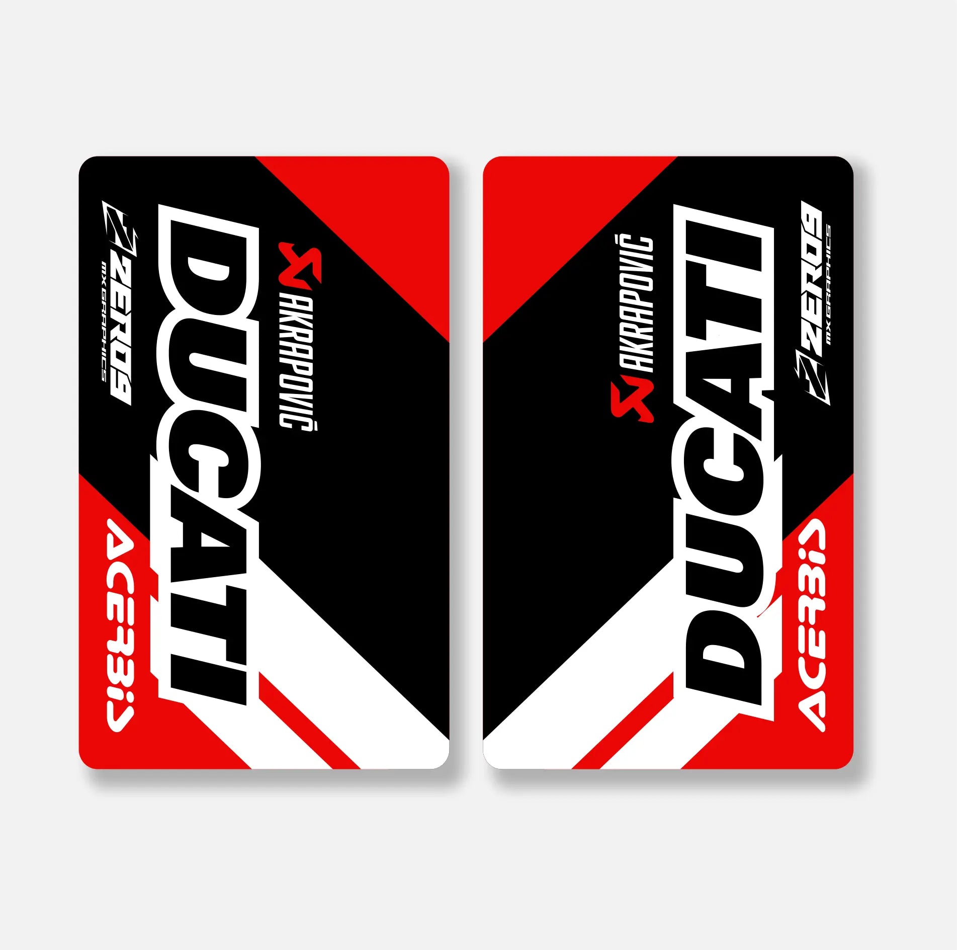 Two Ducati branded fork decalwith red, black, and white design on a light gray background.
