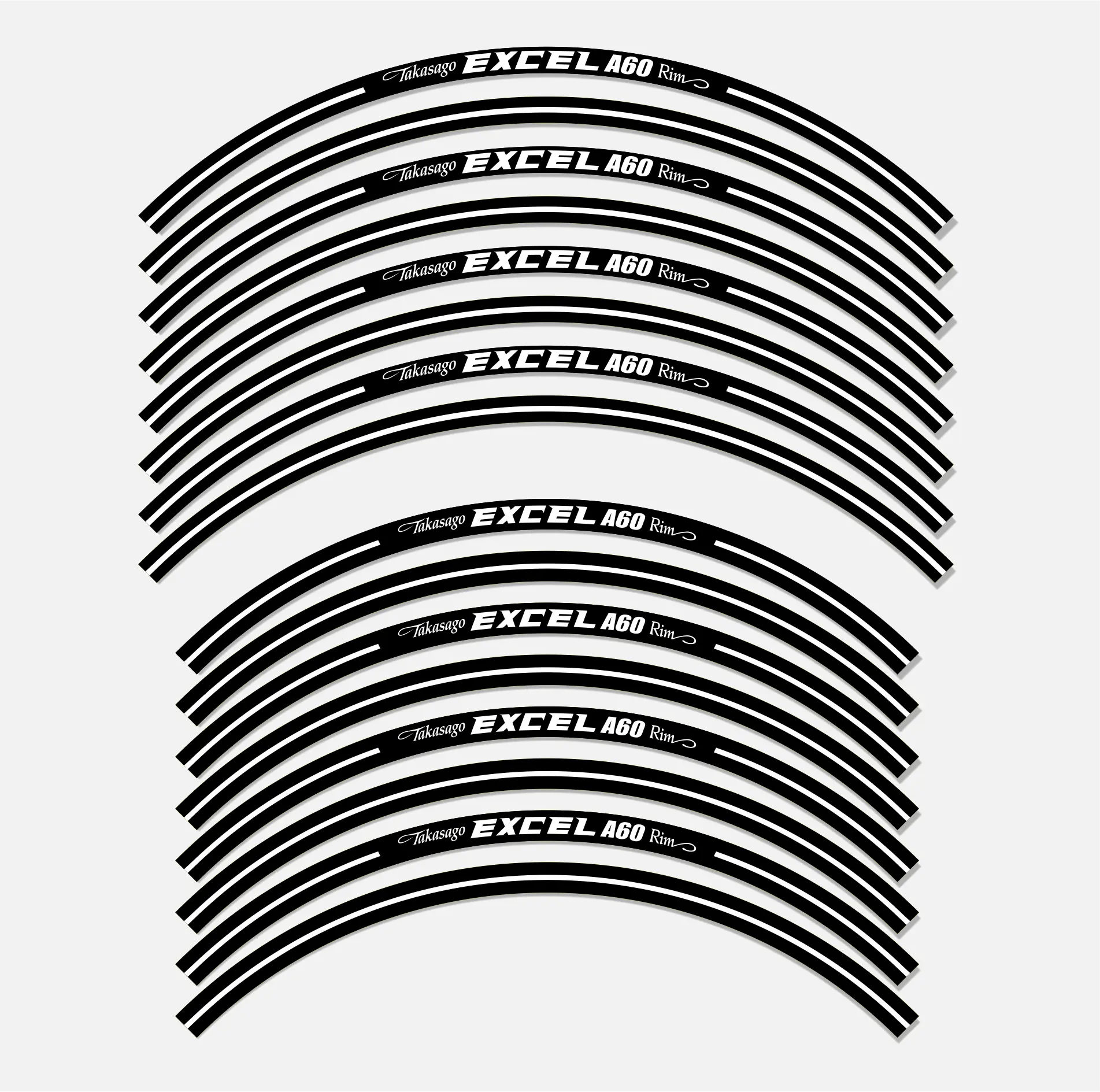 A set of black Excel rim decals with the brand name printed on them, designed for use on off-road motocross and enduro models.