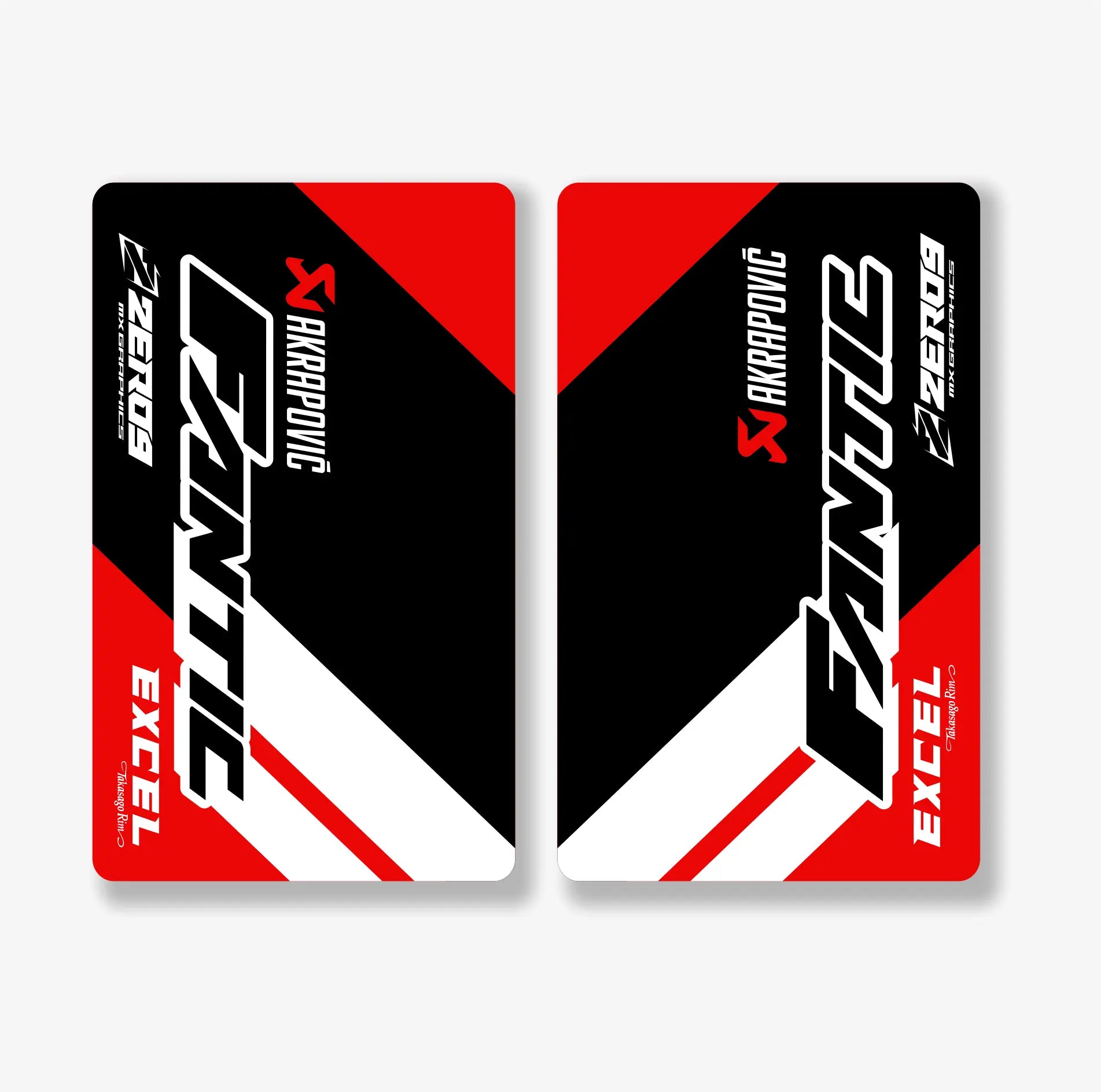 Two red, black, and white Fantic fork decals with 'Excel' and 'Zeroe9' branding on a white background.