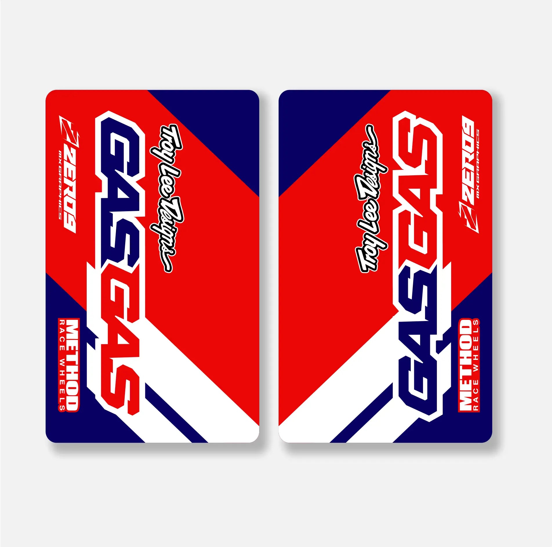 Two GasGas motorcycle decals with red, white, and blue design on a white background