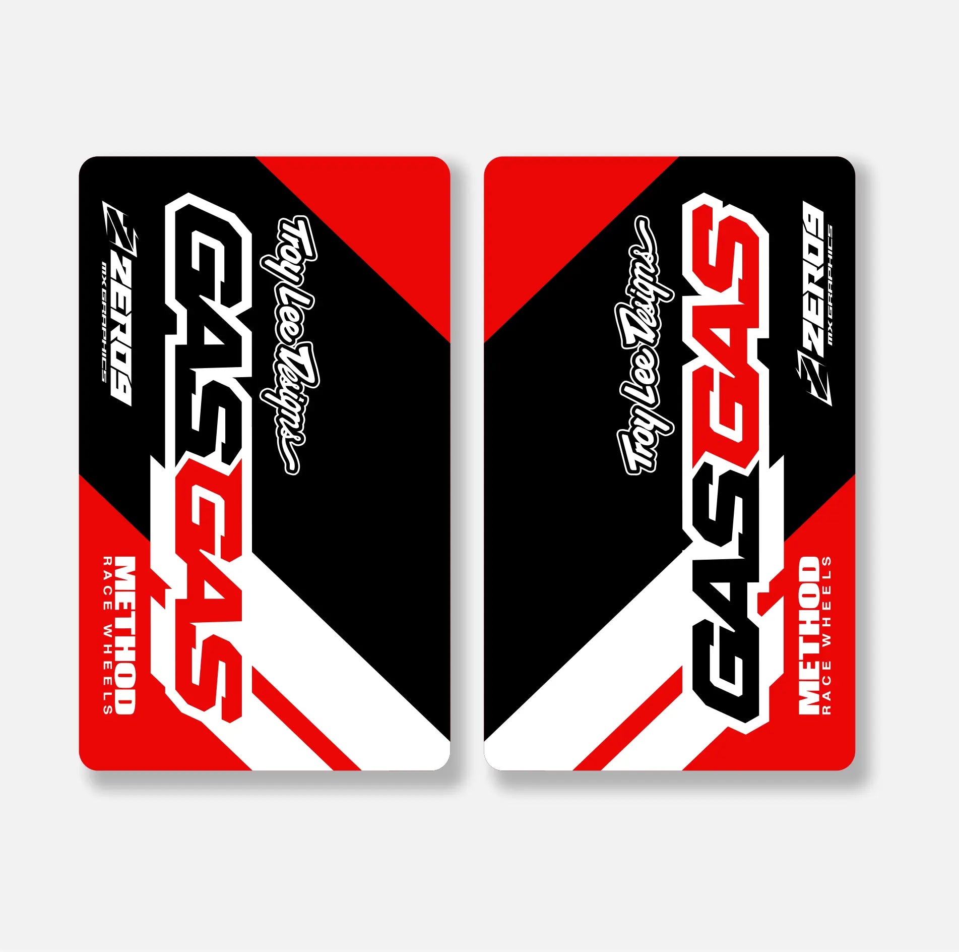 Two GASGAS motorcycle decals with red, black, and white design on a gray background