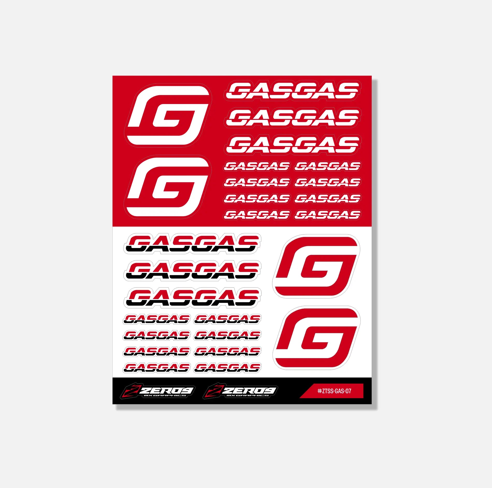 Sheet of red and white GASGAS stickers with multiple logo designs and mx graphics branding elements.
