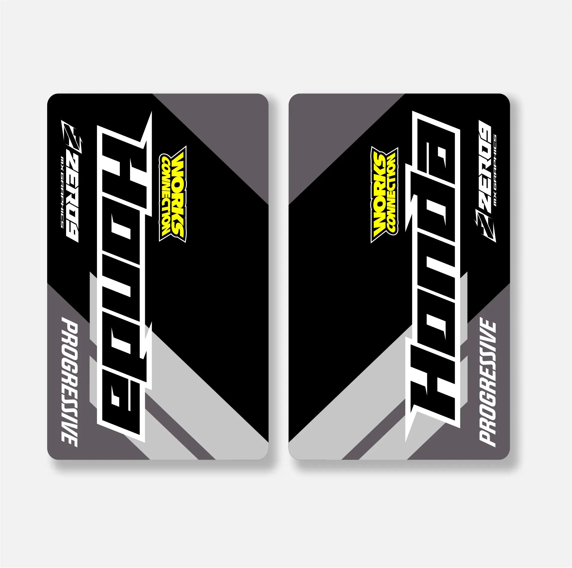 Two black and gray fork decals with 'Honda' and 'Zeroe9' branding on a white background.