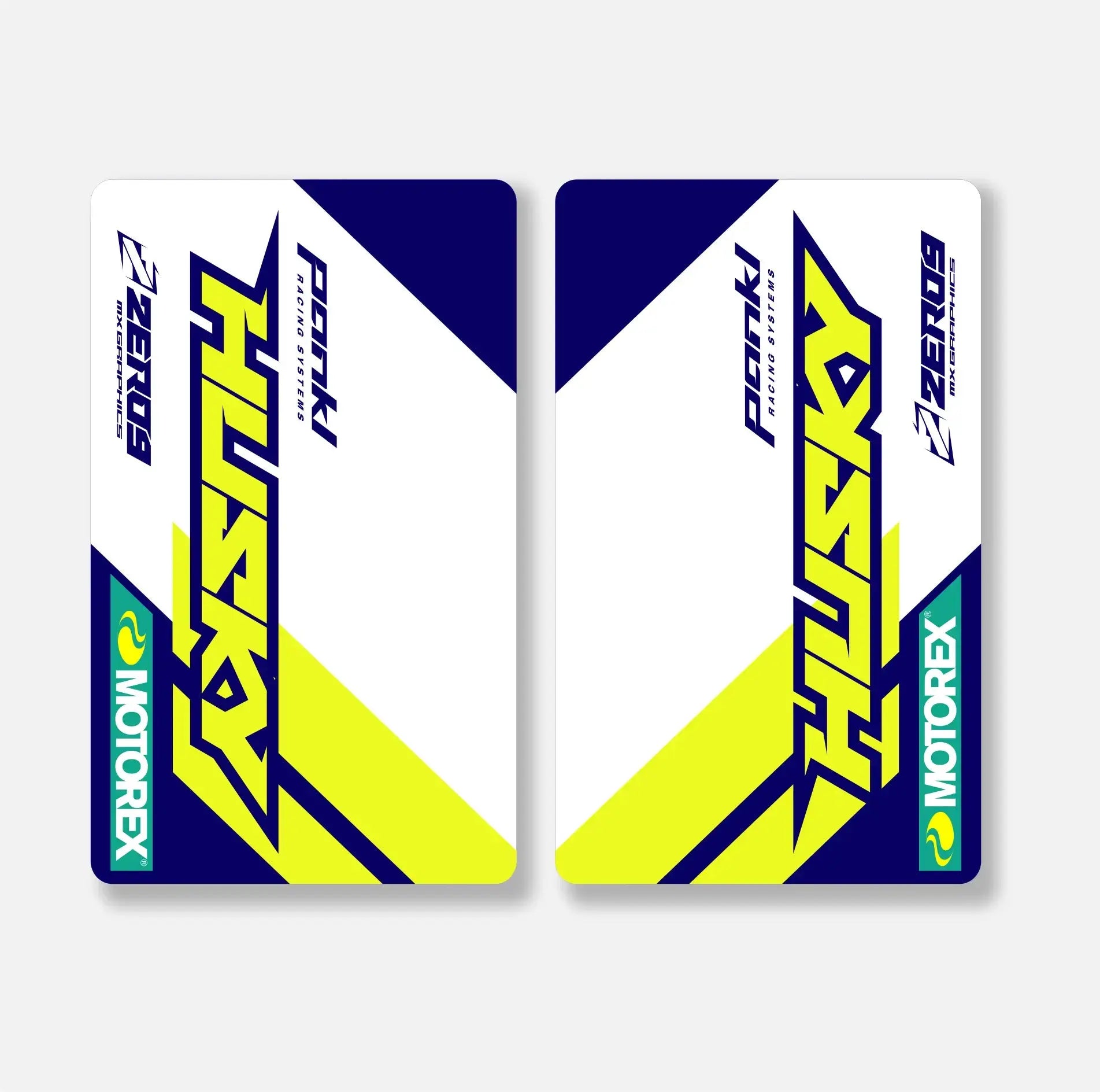Pair of Husqvarna fork decals with blue, yellow, and white design featuring MX graphics branding and Motorex logo