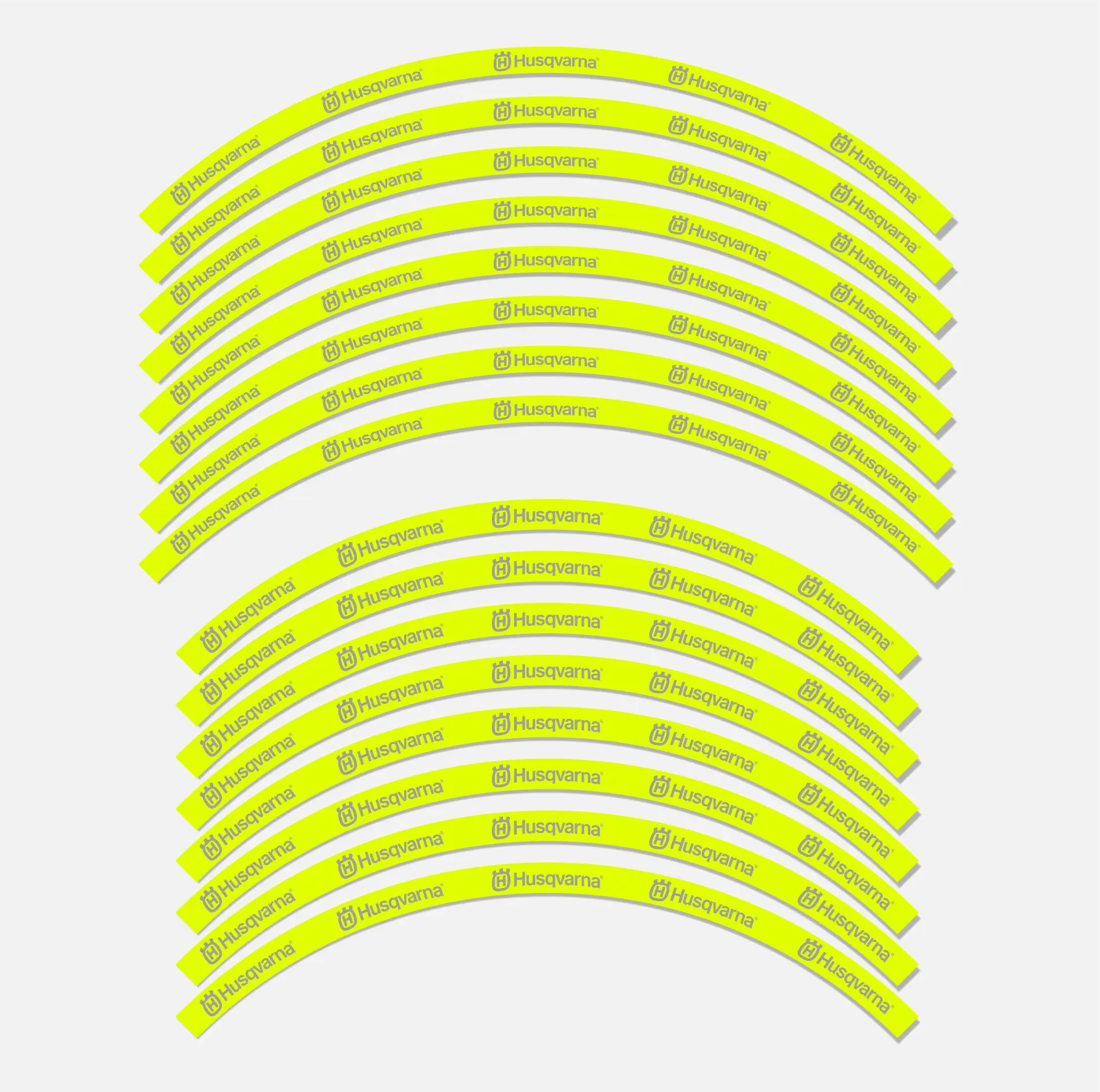 A set of Husqvarna rim decals in vivid yellow and grey colors, designed for use on motorcycle wheels.