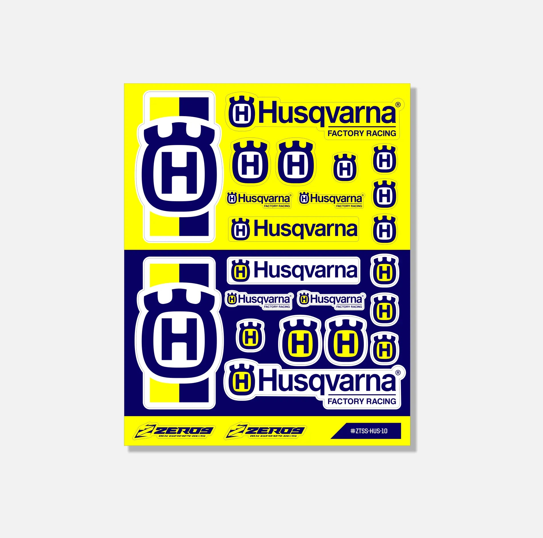 Husqvarna sticker sheet with various logo designs in yellow and navy blue for MX graphics branding and customization
