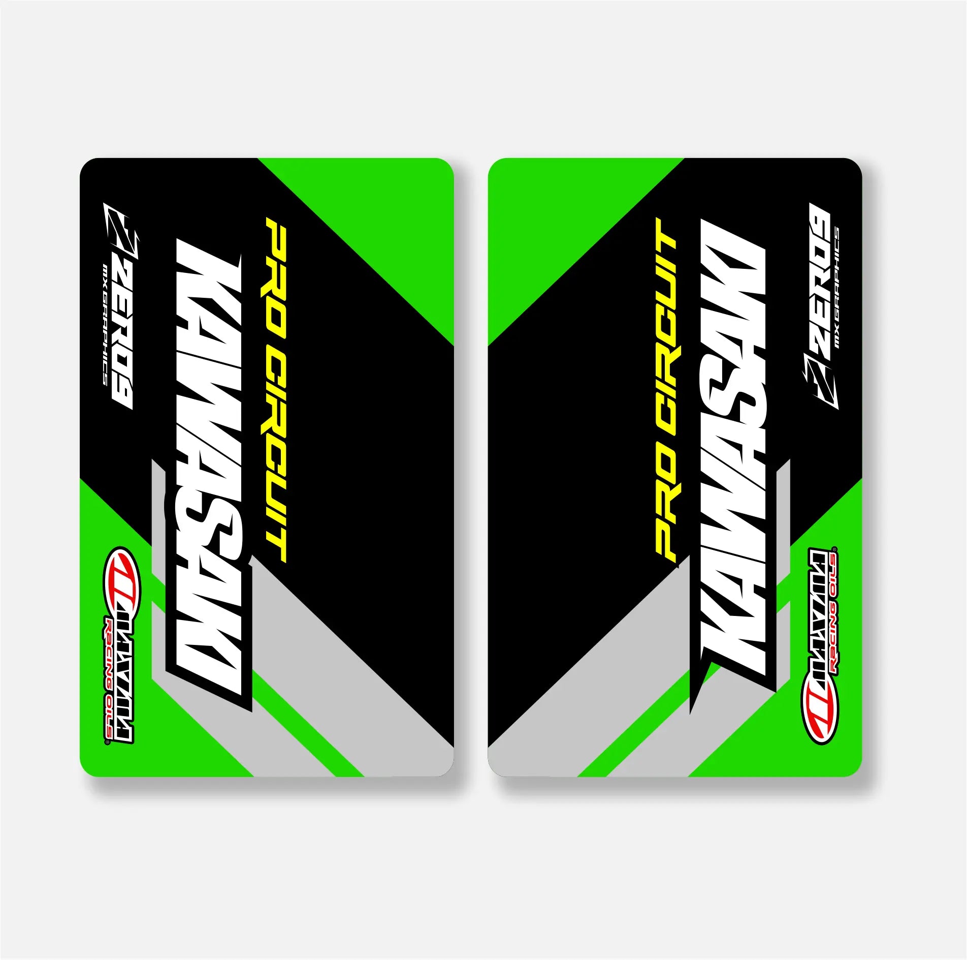 Two Kawasaki Pro Circuit fork decals with green and black design on a white background