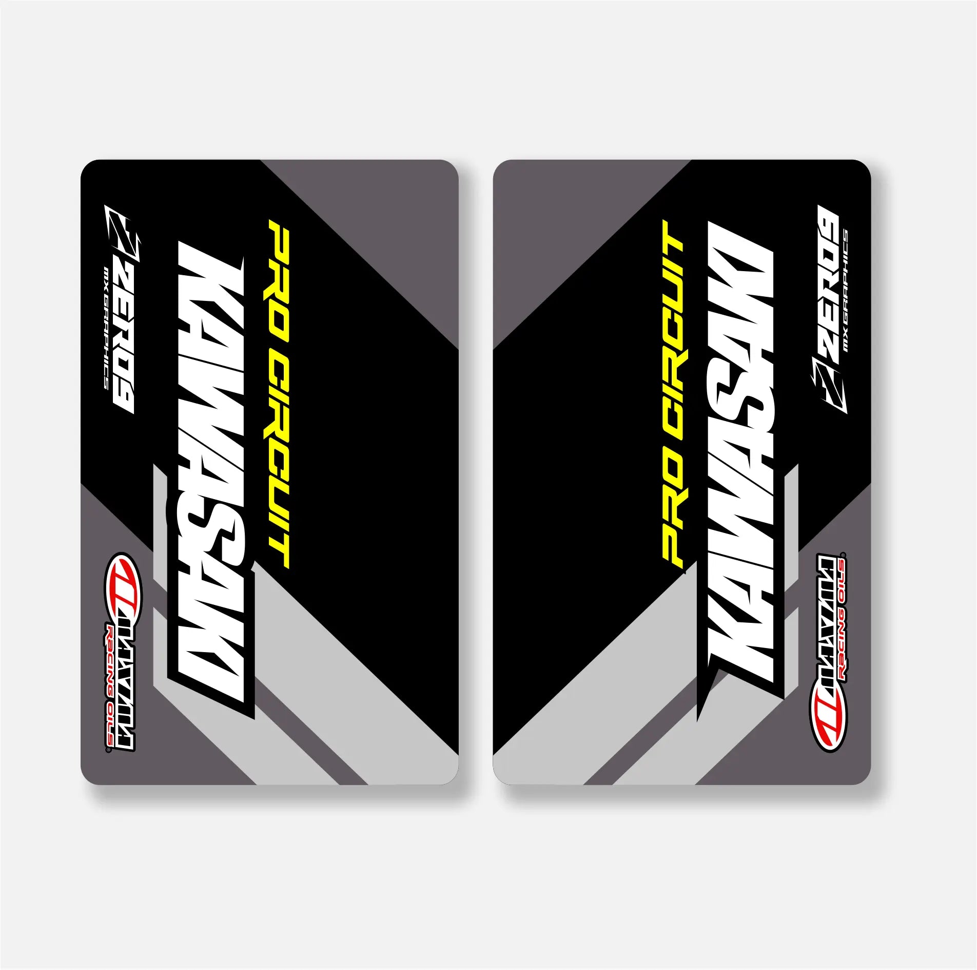 Two motorcycle fork decals with Kawasaki and Pirelli logos on a gray background