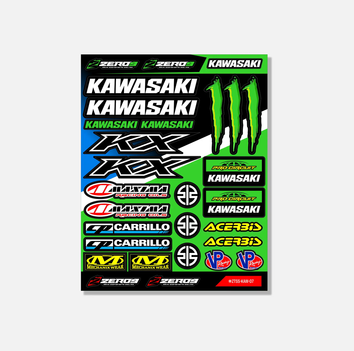 Kawasaki Sticker Sheet 07 | 27 Die-Cut Stickers | ZERO9 MX Graphics