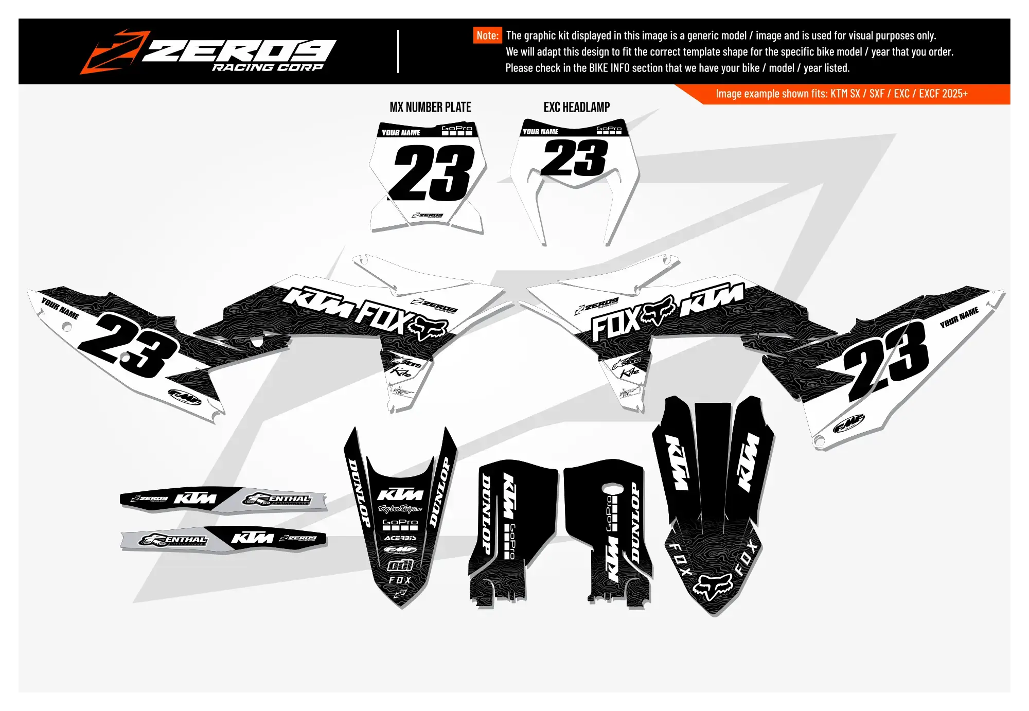 KTM graphics kit – Mist White/Black – factory design – flat lay – #23 – motocross.