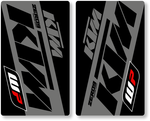 Two KTM motorcycle fork decals on a black background