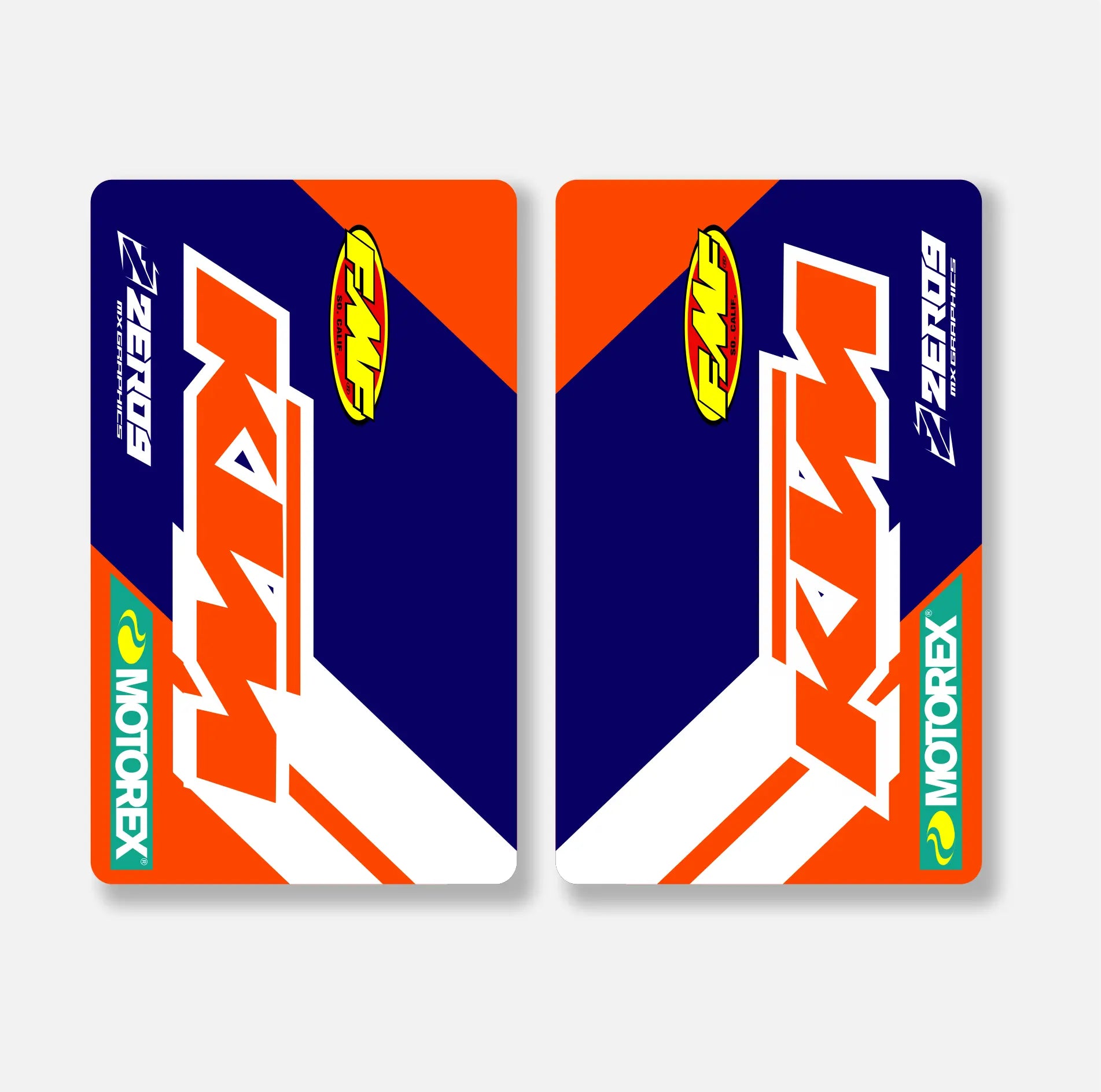 Two KTM and Motorex branded motorcycle fork decals on a white background
