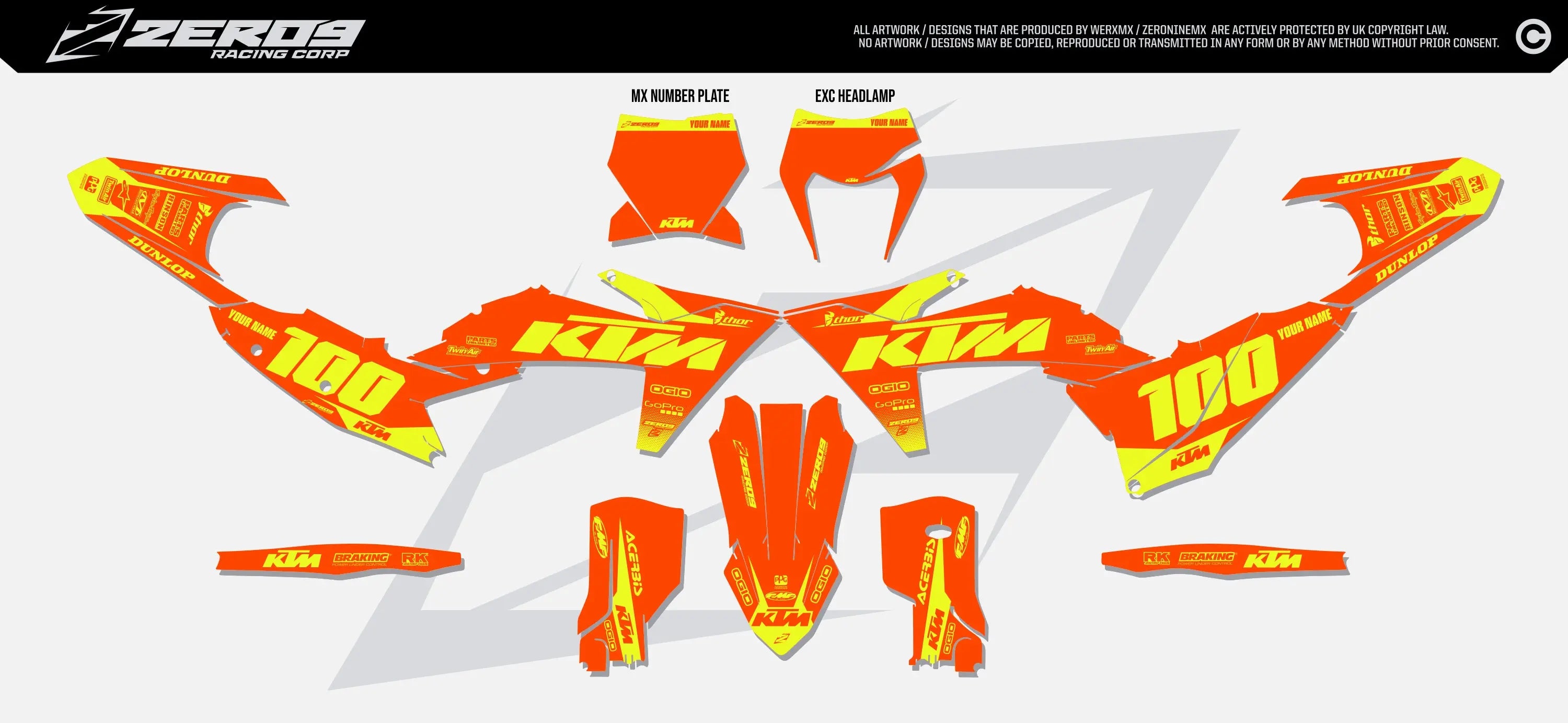 Side view of  a KTM graphics kit displayed in orange and vivid yellow with the number 100