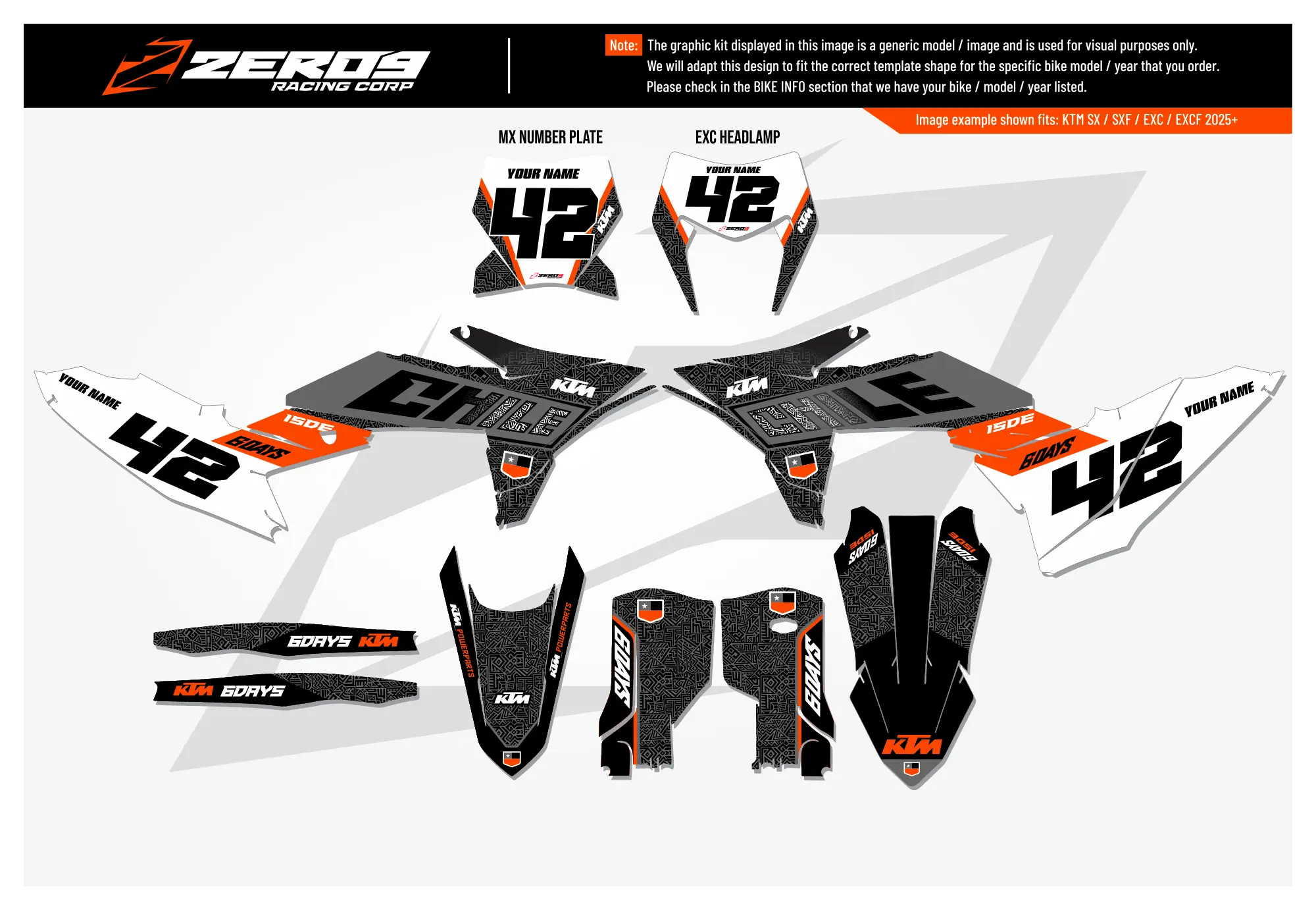 KTM graphics kit – 6Days Chile Grey/Black – factory design – EXC enduro – #42.