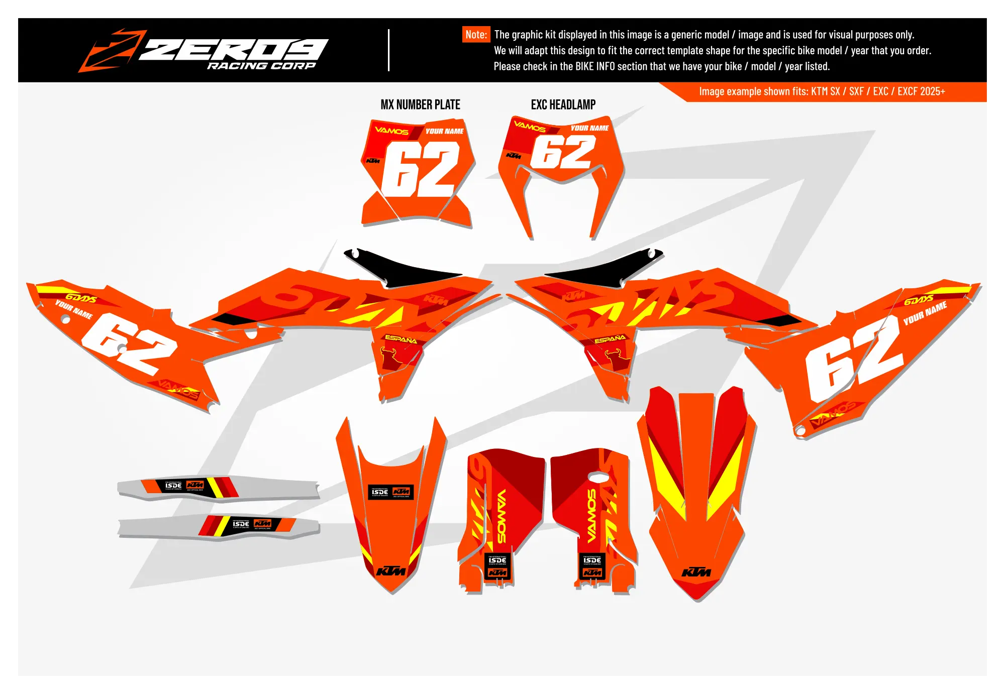 KTM graphics kit – 6Days Spain Orange – factory design – motocross – flat lay – #62.