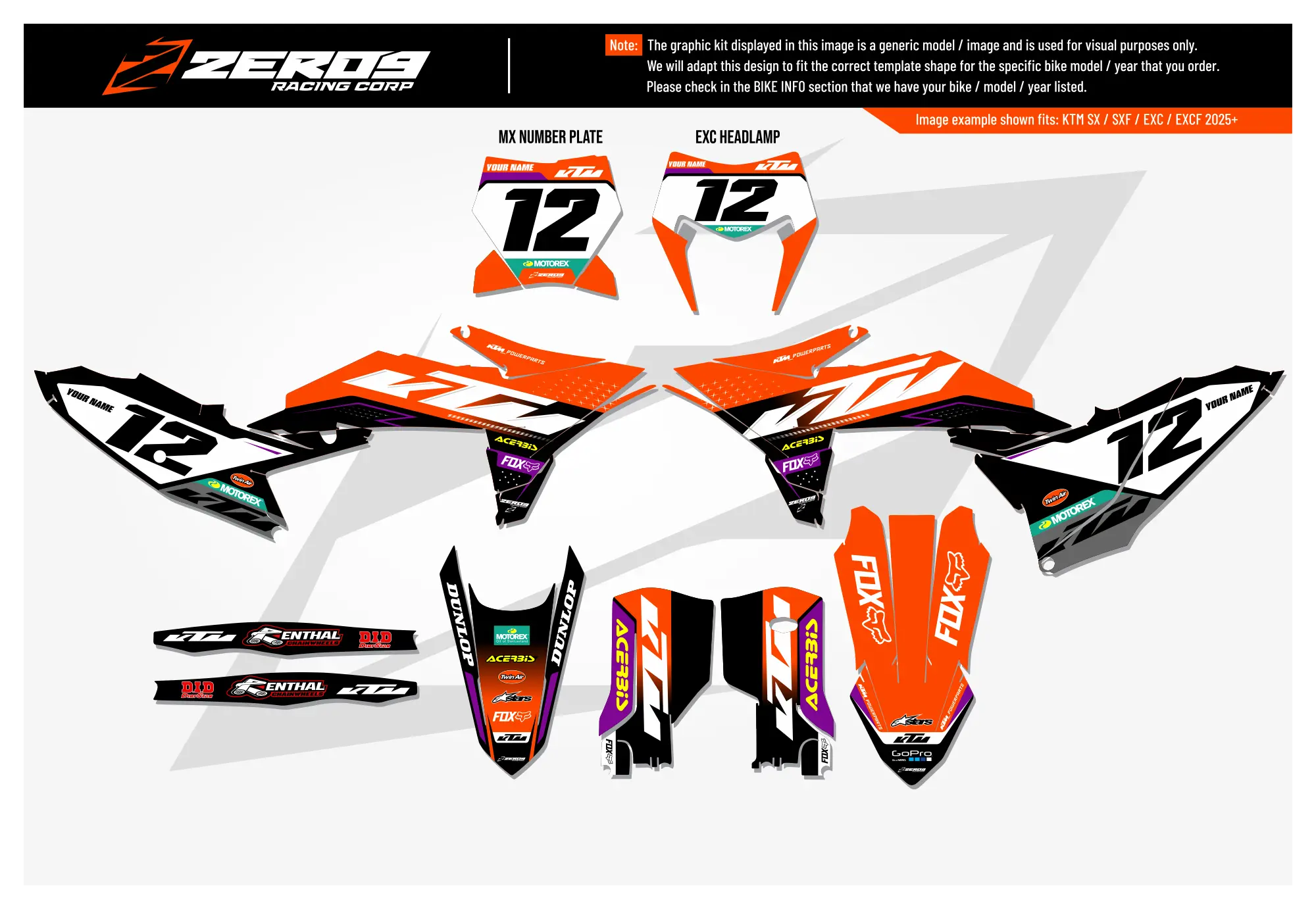 KTM graphics kit – Axis Orange/Purple – factory design – SX motocross.
