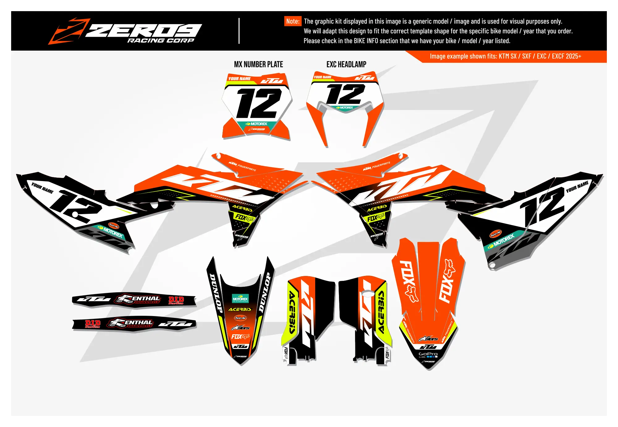 KTM graphics kit – Axis Orange/Vivid Yellow – block design – motocross.