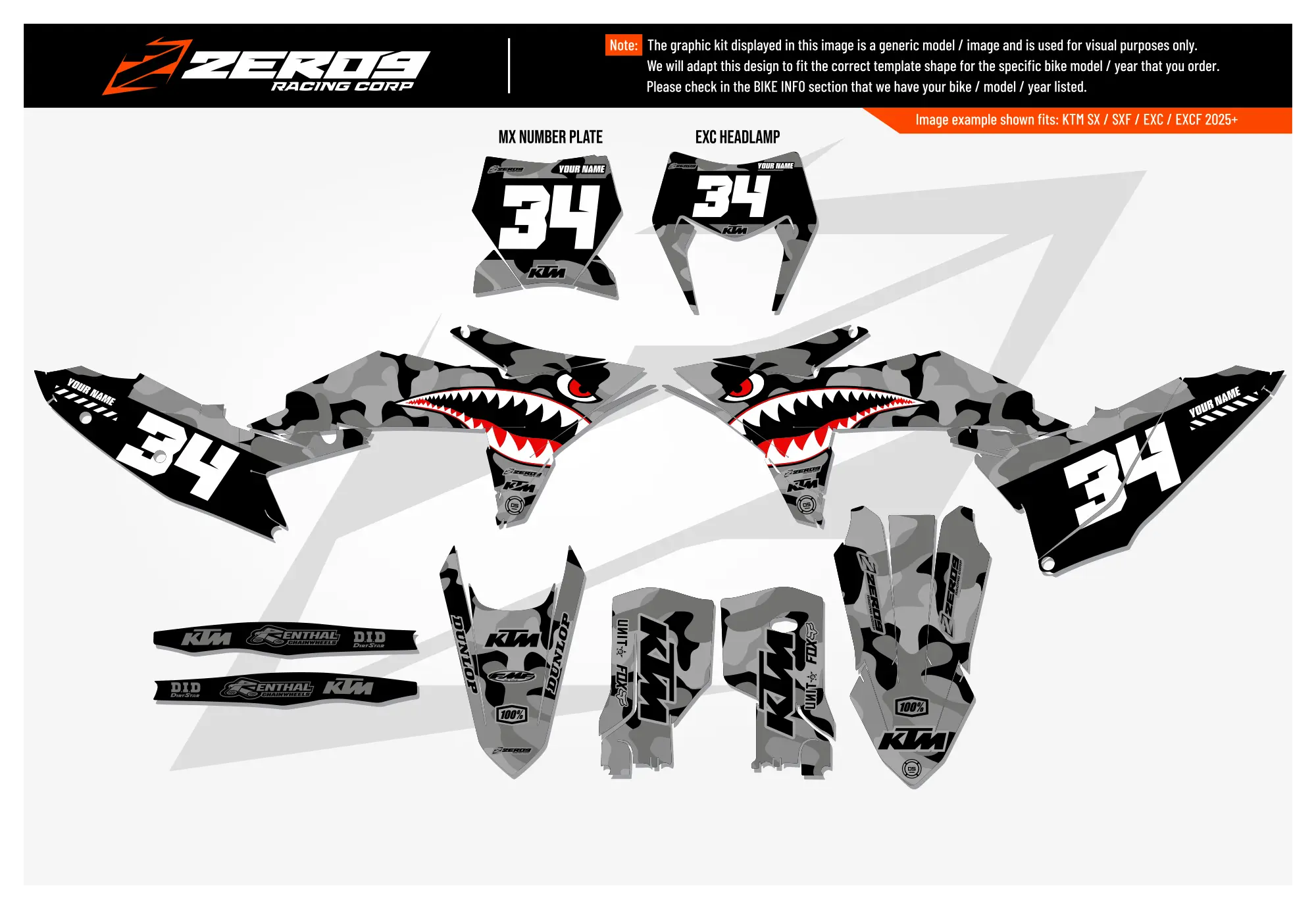 KTM graphics kit – Bomber Grey – block design – motocross – flat lay – #34.
