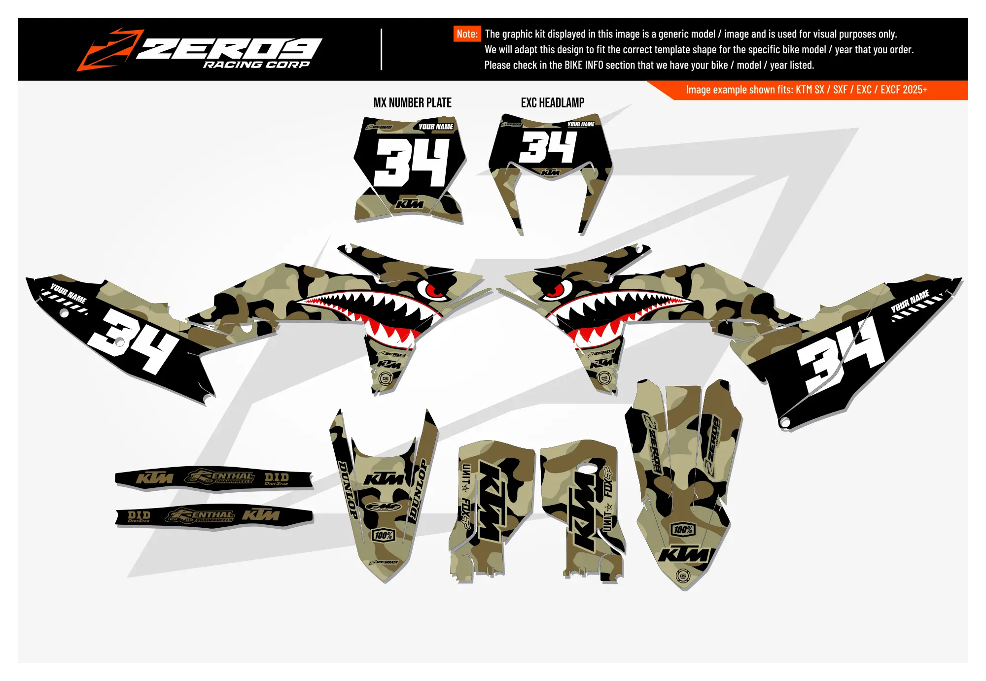 KTM graphics kit – Bomber Khaki – camo design – motocross – flat lay – #34.