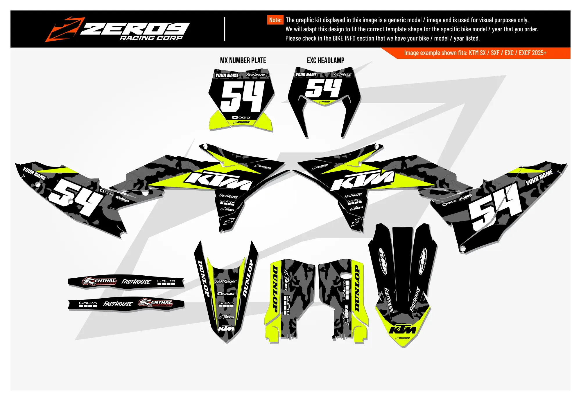 KTM graphics kit – Camo Black/Vivid Yellow – camo design – motocross – flat lay – #54.