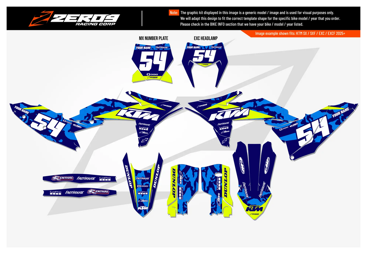 KTM Graphics Kit - Camo Blue/Vivid Yellow | ZERO9 MX GRAPHICS