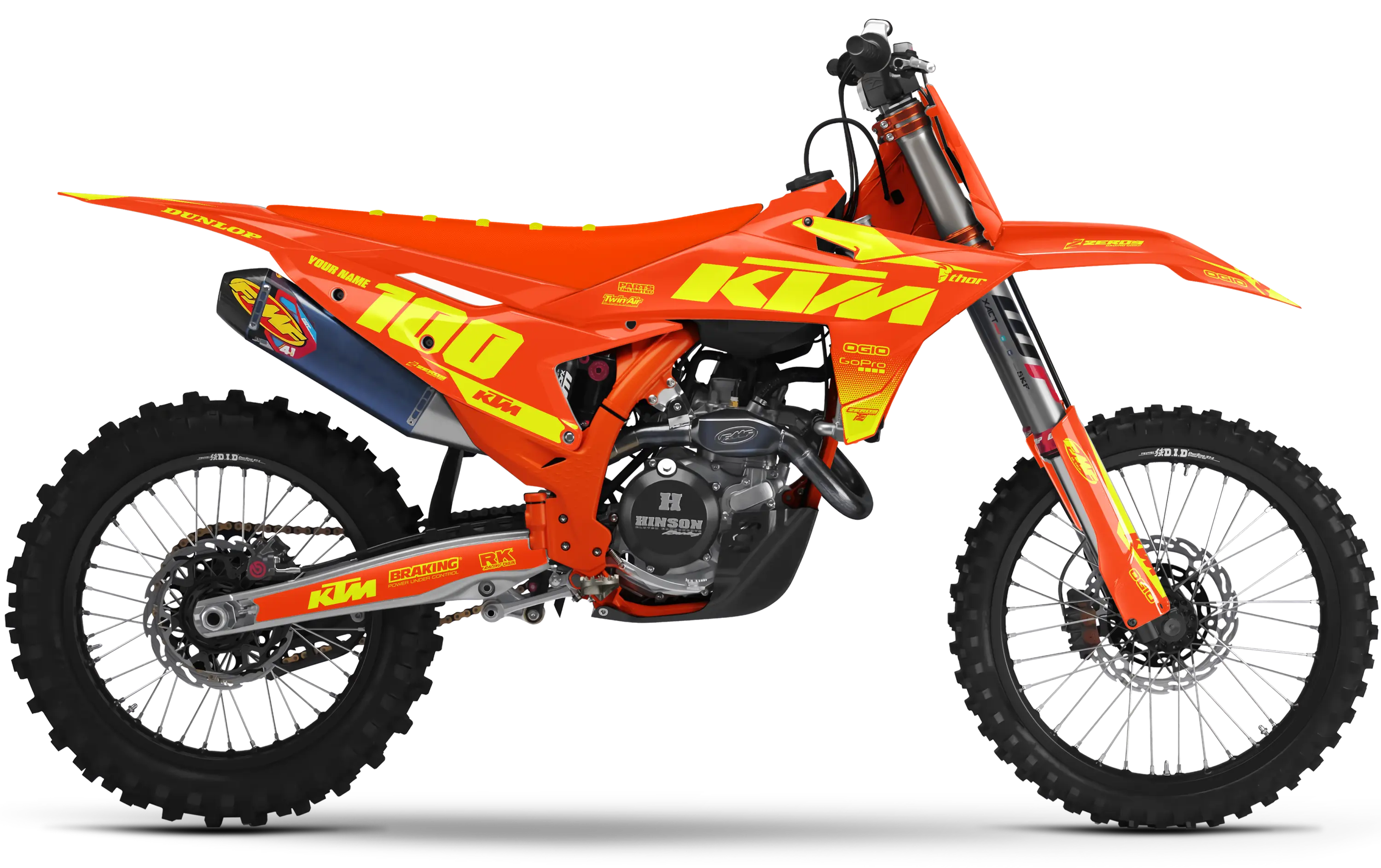 KTM graphics kit displayed in orange and vivid yellow with the number 100