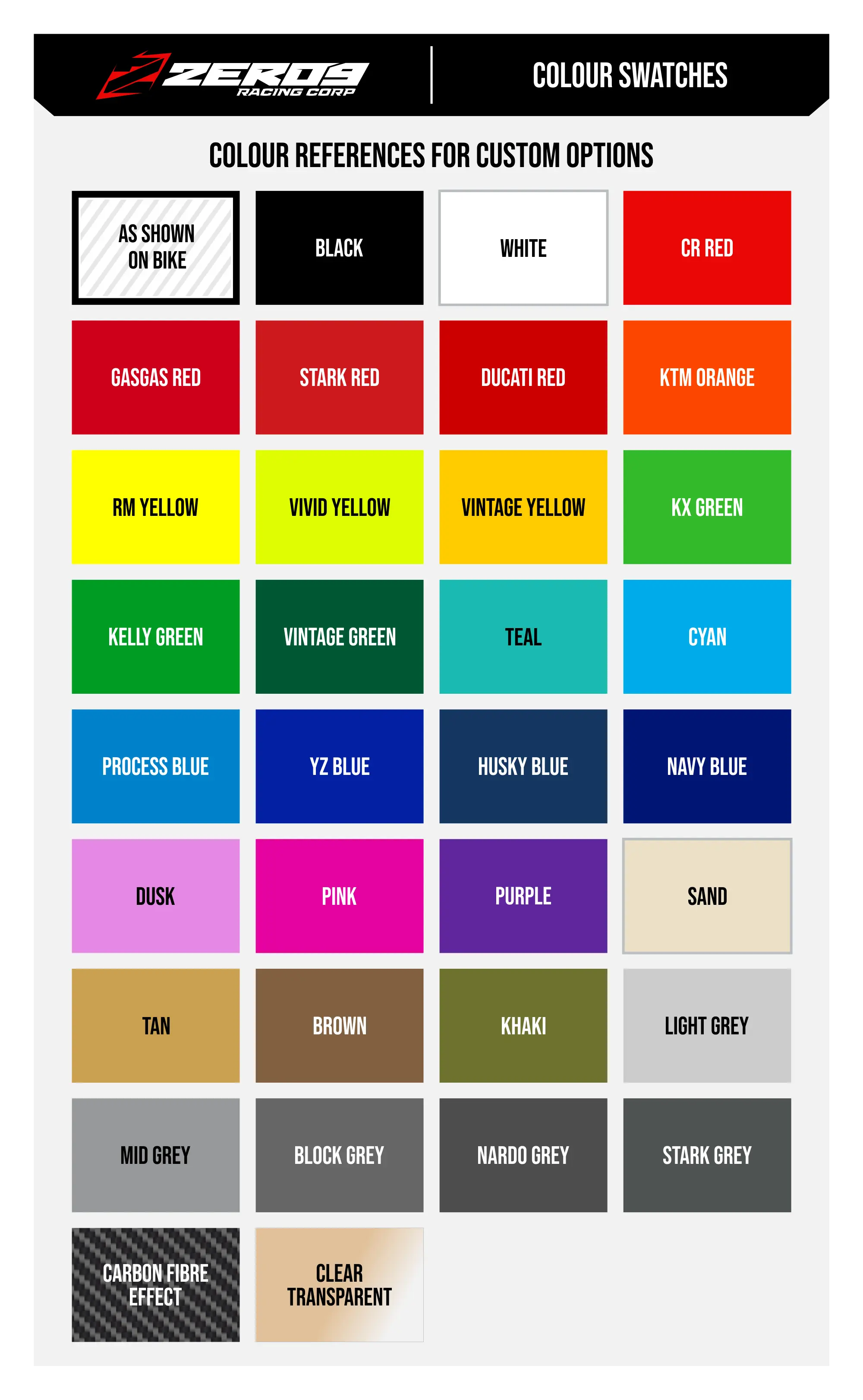 Various color swatches for custom options with brand logo at the top.