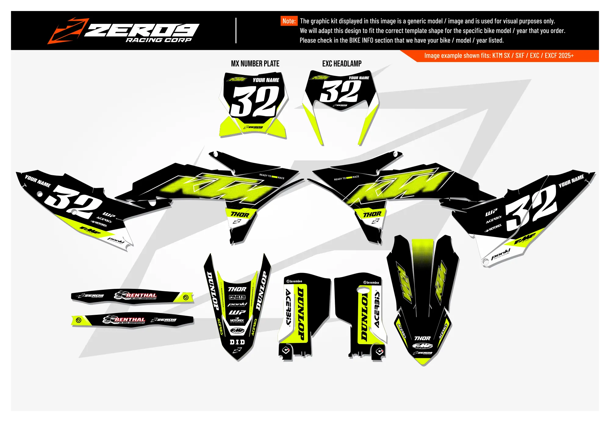 KTM graphics kit – Core Black/Vivid Yellow – factory design – motocross.