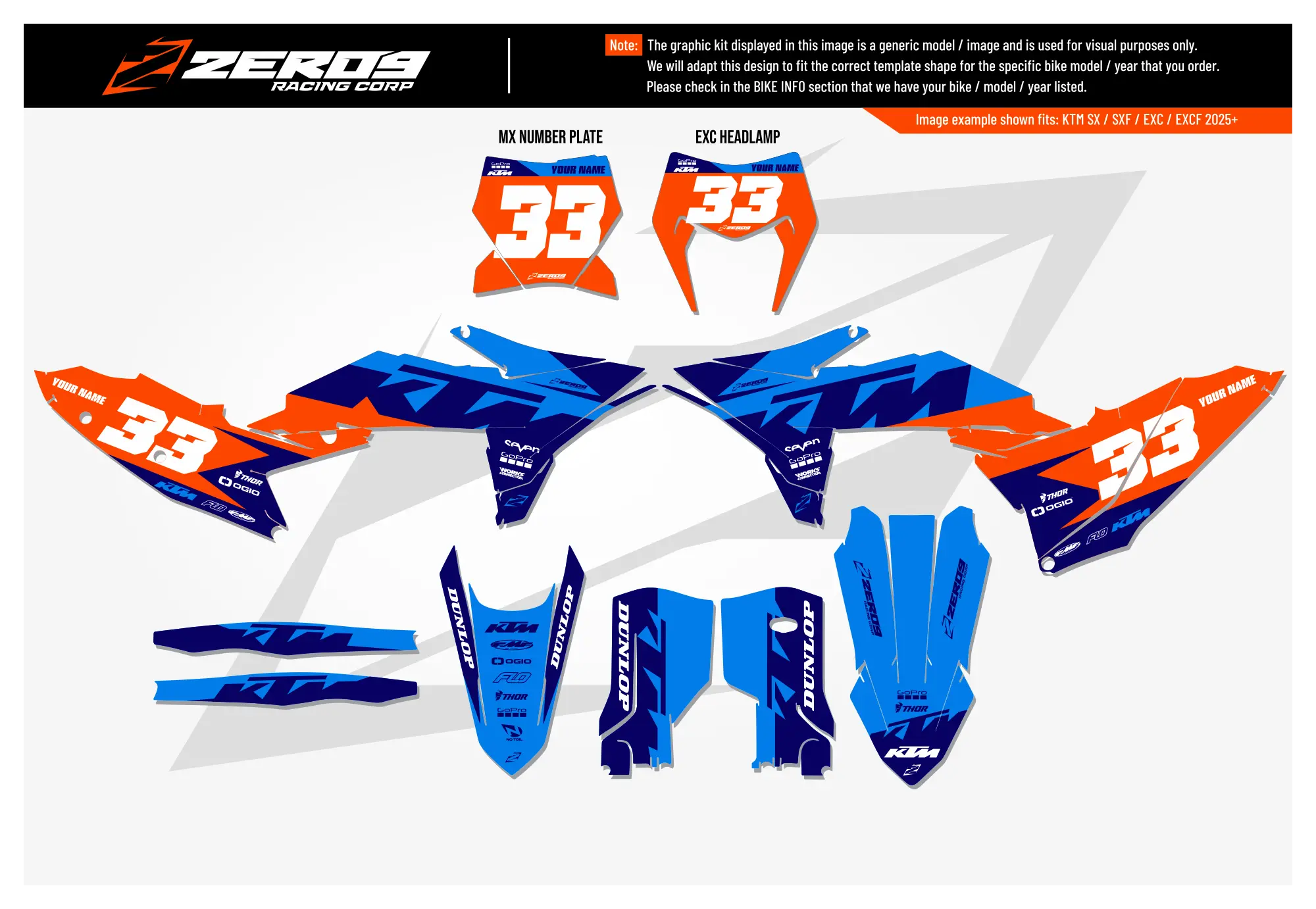 KTM graphics kit – Cruise Blue/Blue – block design – motocross.