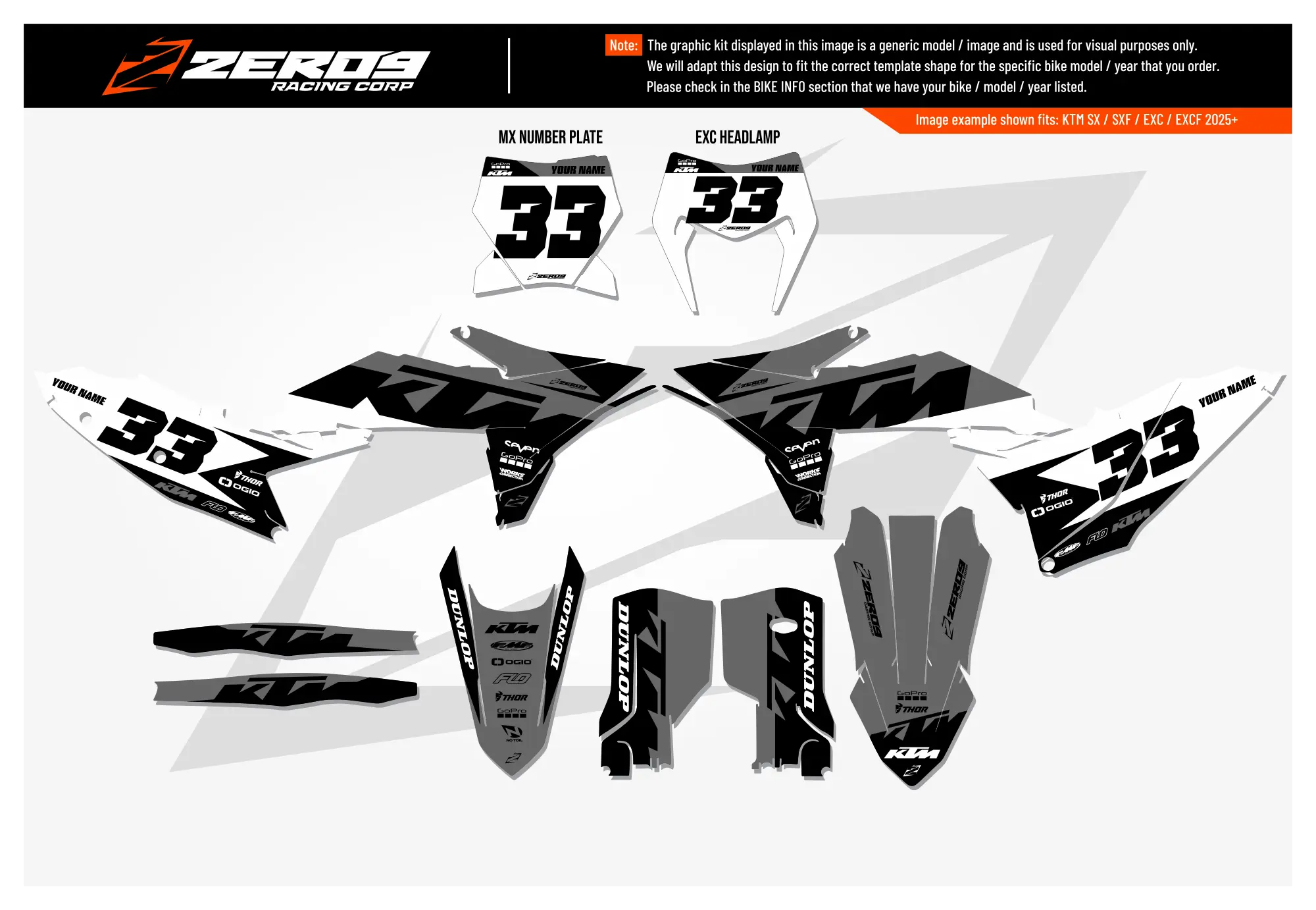 KTM graphics kit – Cruise Grey/Black – block design – motocross – #33 – flat lay.