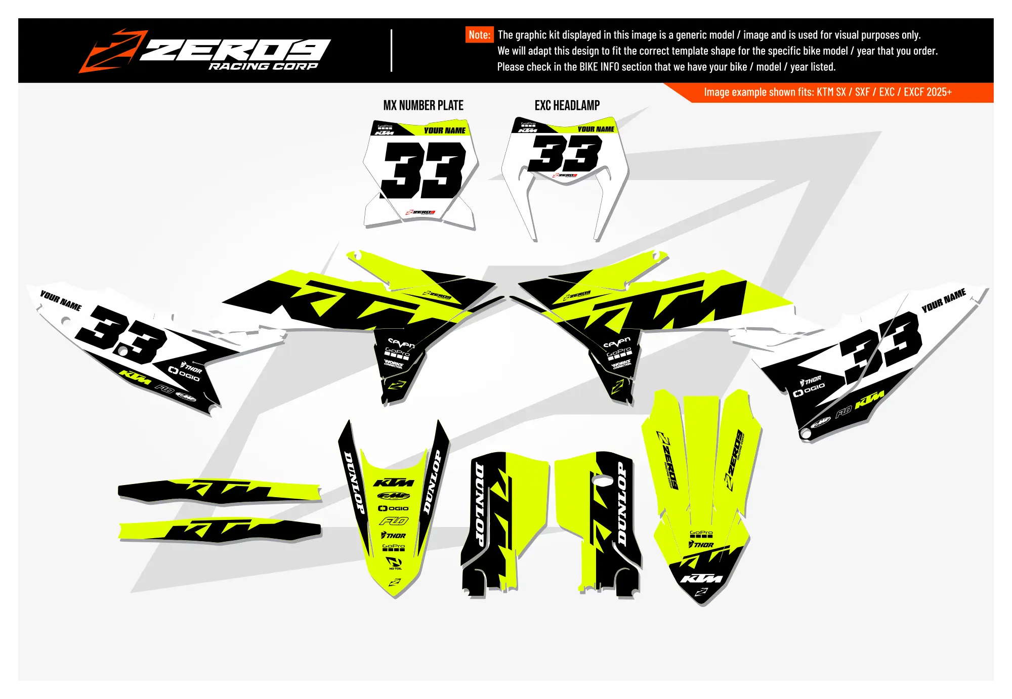 KTM graphics kit – Cruise Vivid Yellow/Black – factory design – motocross.
