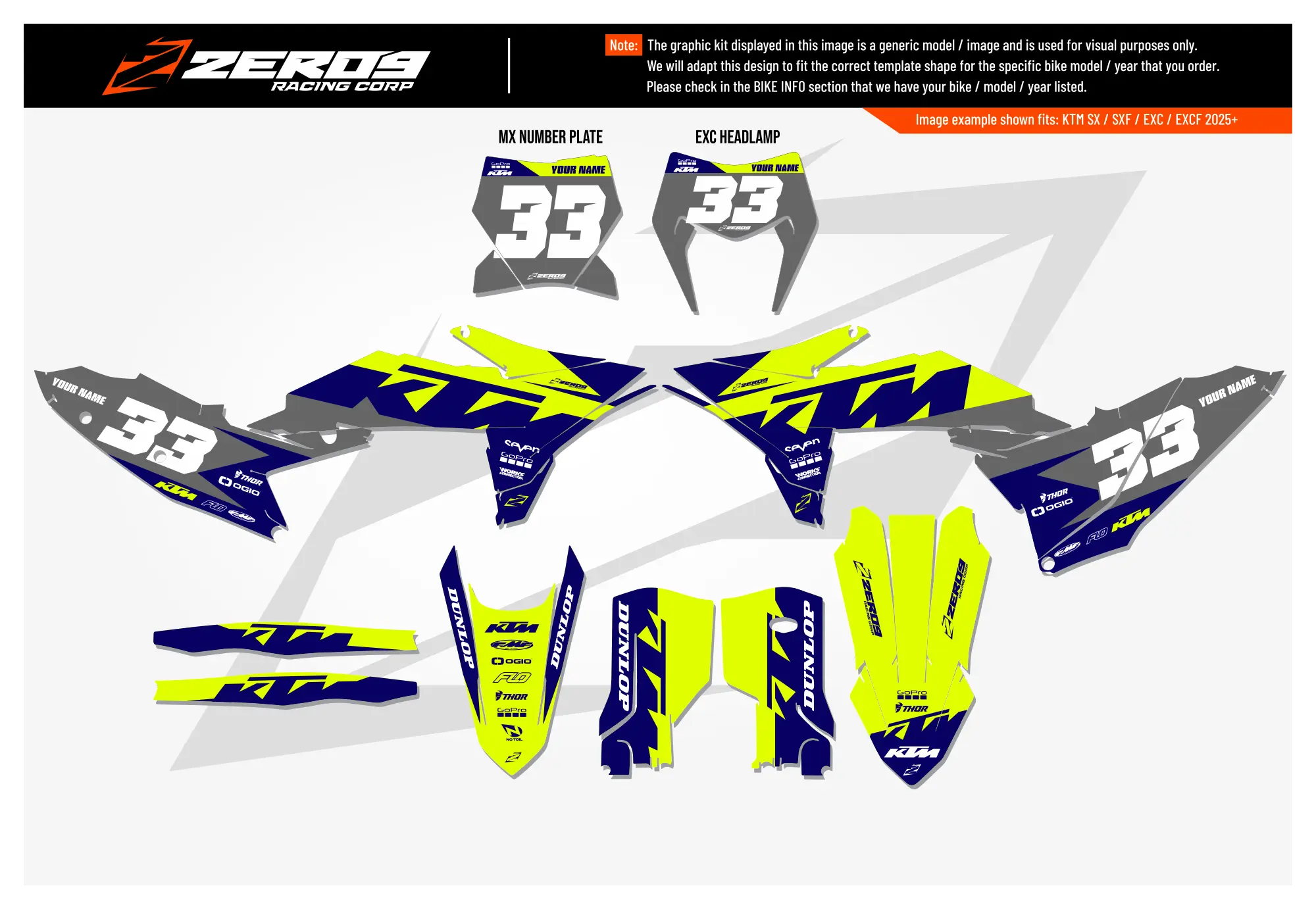 KTM graphics kit – Cruise Vivid Yellow/Blue – block design – SX motocross.
