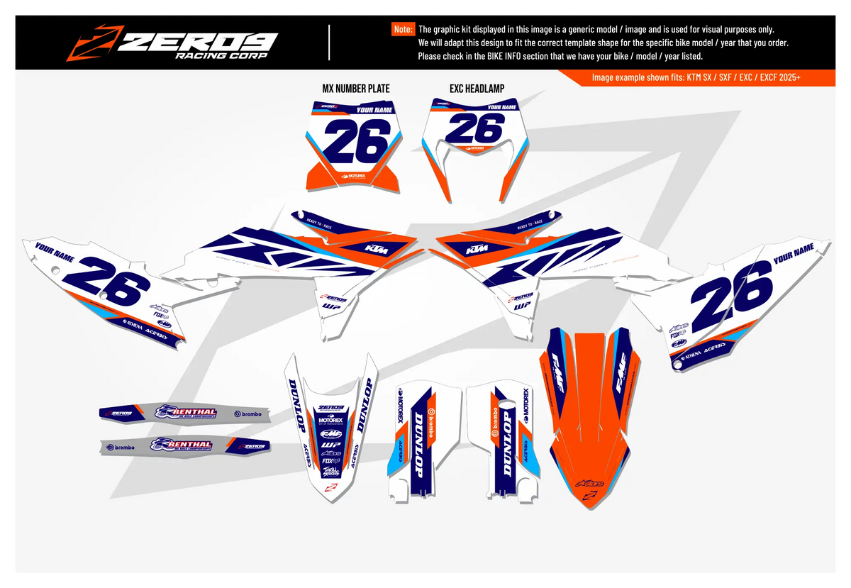 KTM Graphics Kit - Envy Orange/White/Blue | ZERO9 MX GRAPHICS