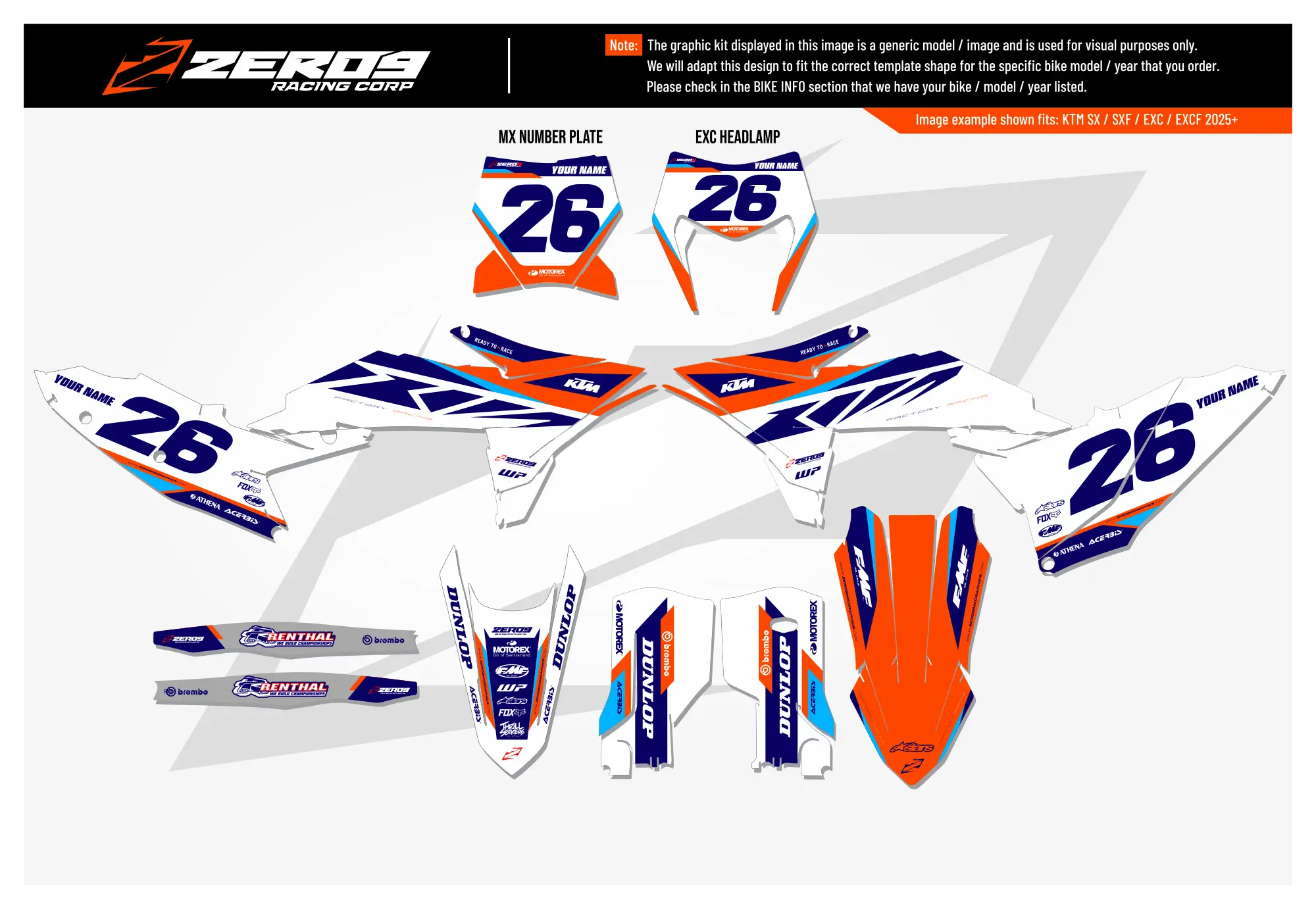 KTM graphics kit – Envy Orange/White/Blue – block design – motocross – #26 – flat lay.
